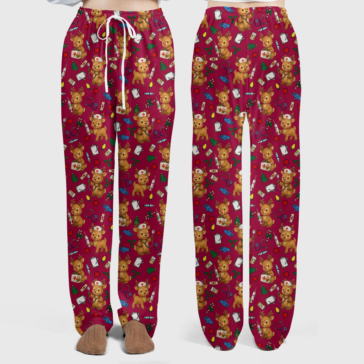 Christmas Scrub Tops and Pants - Reindeer Pattern Nurse Scrub Set - Cute Holiday Medical Print Scrubs for Women RN LPN CNA