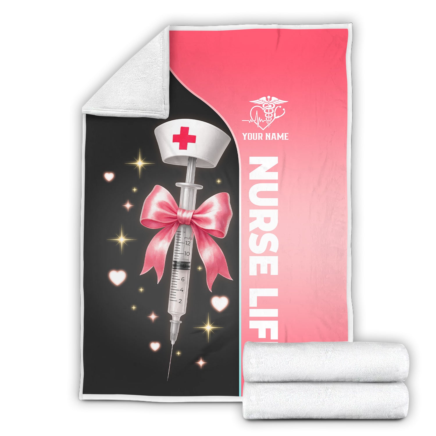 Personalized Nurse Life Blanket - Pink Syringe Bow & Nurse Hat Design - Cute RN LPN CNA Gift for Women