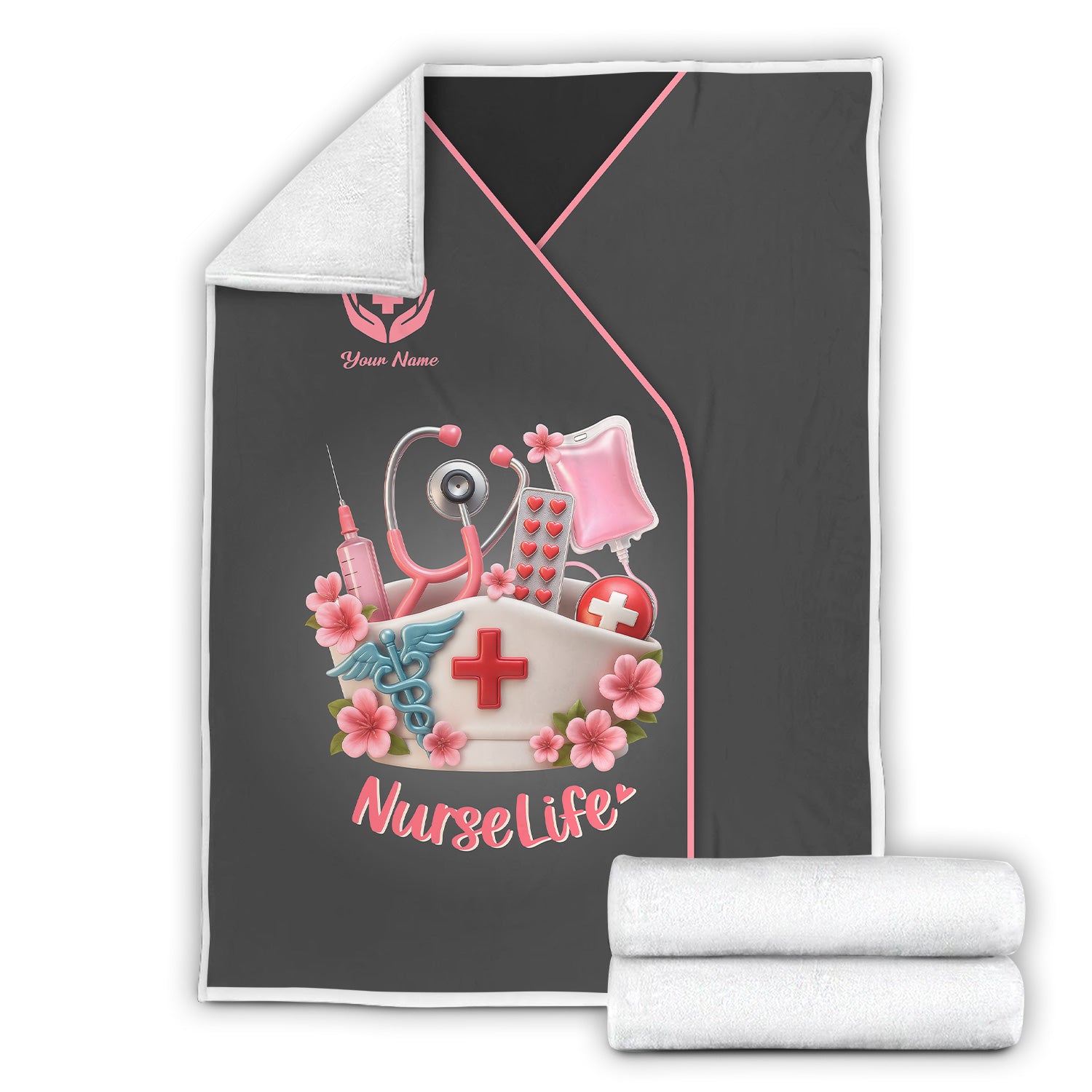 Custom Name Nurse Blanket - 3D Pink Stethoscope & Syringe Graphic - Gift for Female Nursing Students and Workers