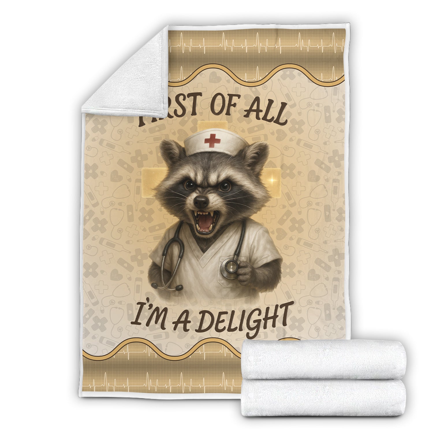 Personalized Funny Nurse Blanket - Gift for Women RN CNA LPN - Angry Raccoon Design 'First Of All I‰Ûªm A Delight' - Cozy Throw for Medical Staff