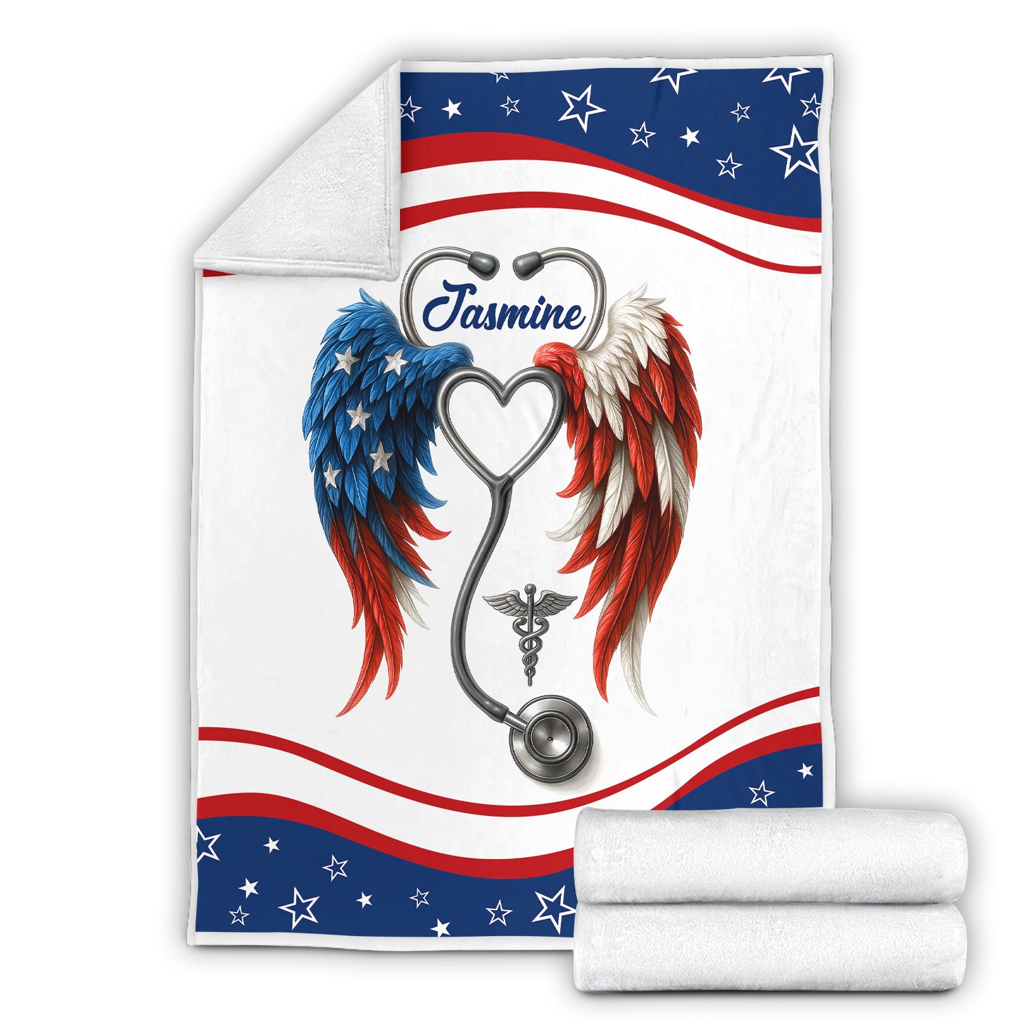 Nurse Angel Wings Blanket - Personalized Name & USA Flag Feathers - Soft Gift for RN LPN CNA Appreciation