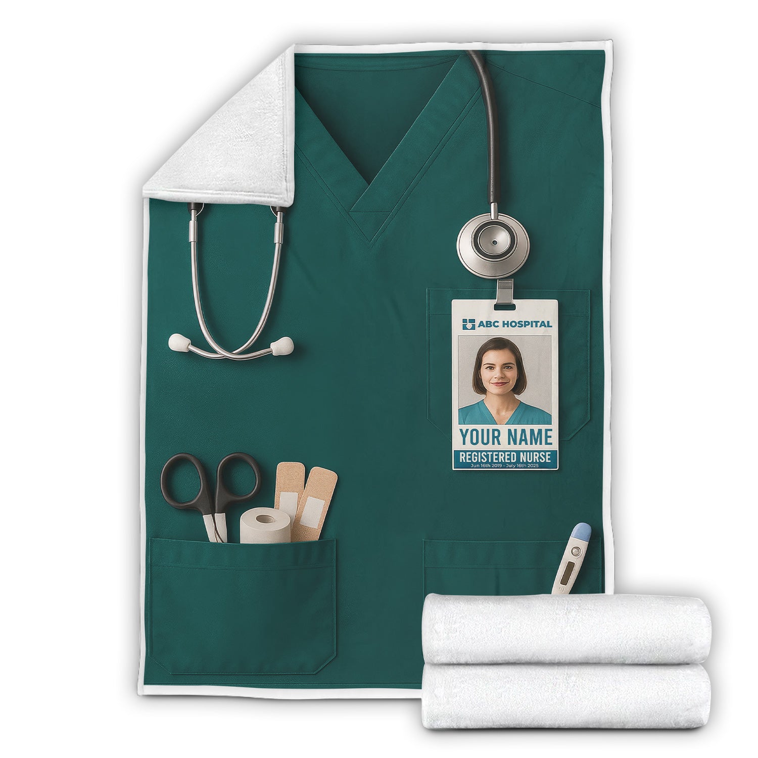 Personalized Nurse Blanket - Stethoscope & ID Badge Design - Custom Text & Photo Options for RN CNA LPN Healthcare Workers