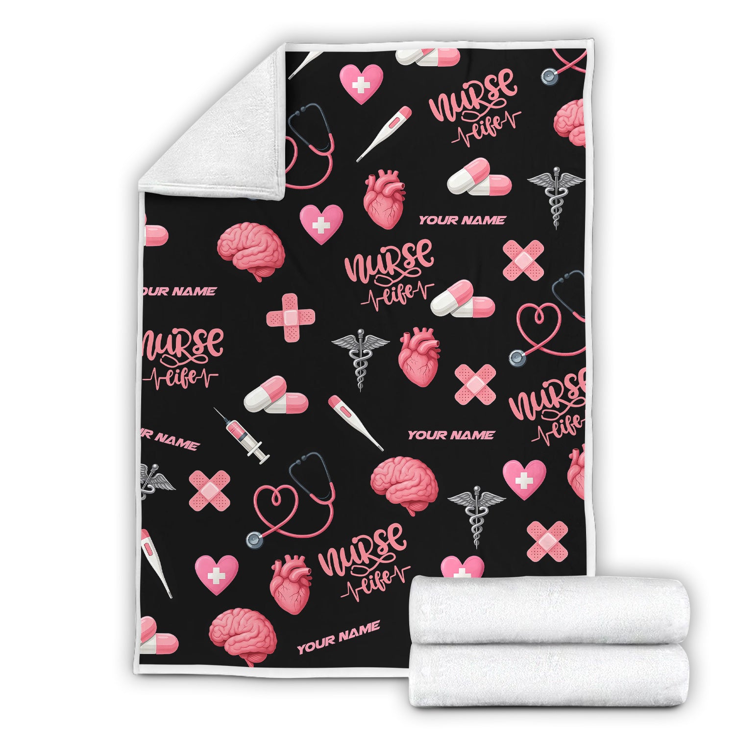 Funny Nurse Blanket with Name - Cute Pink Heart Brain Pill Icons - Personalized Gift for Women RN CNA LPN in Healthcare and Nursing Life