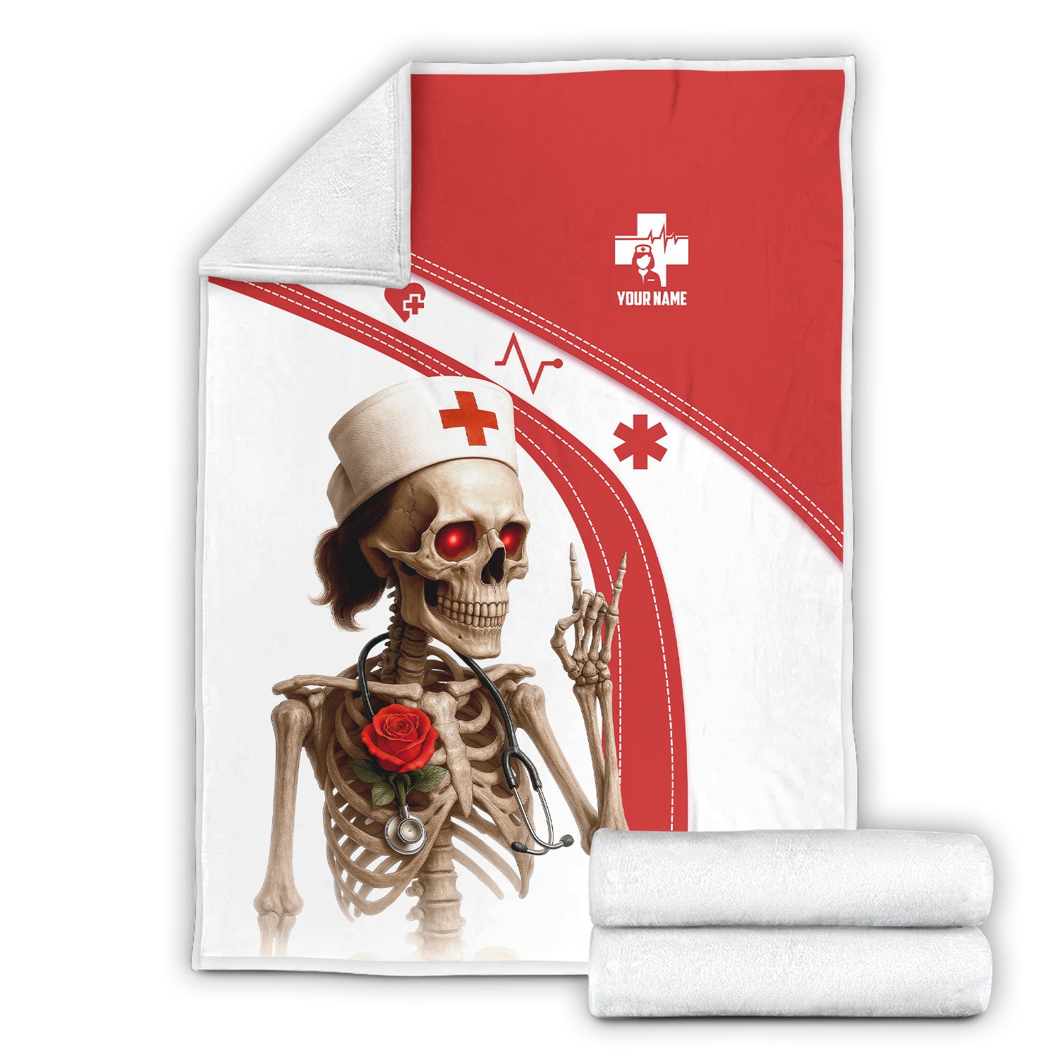 Personalized Nurse Life Blanket with Skeleton Quote - Red White Throw for RN CNA LPN - Funny Dark Humor Gift for Healthcare Workers