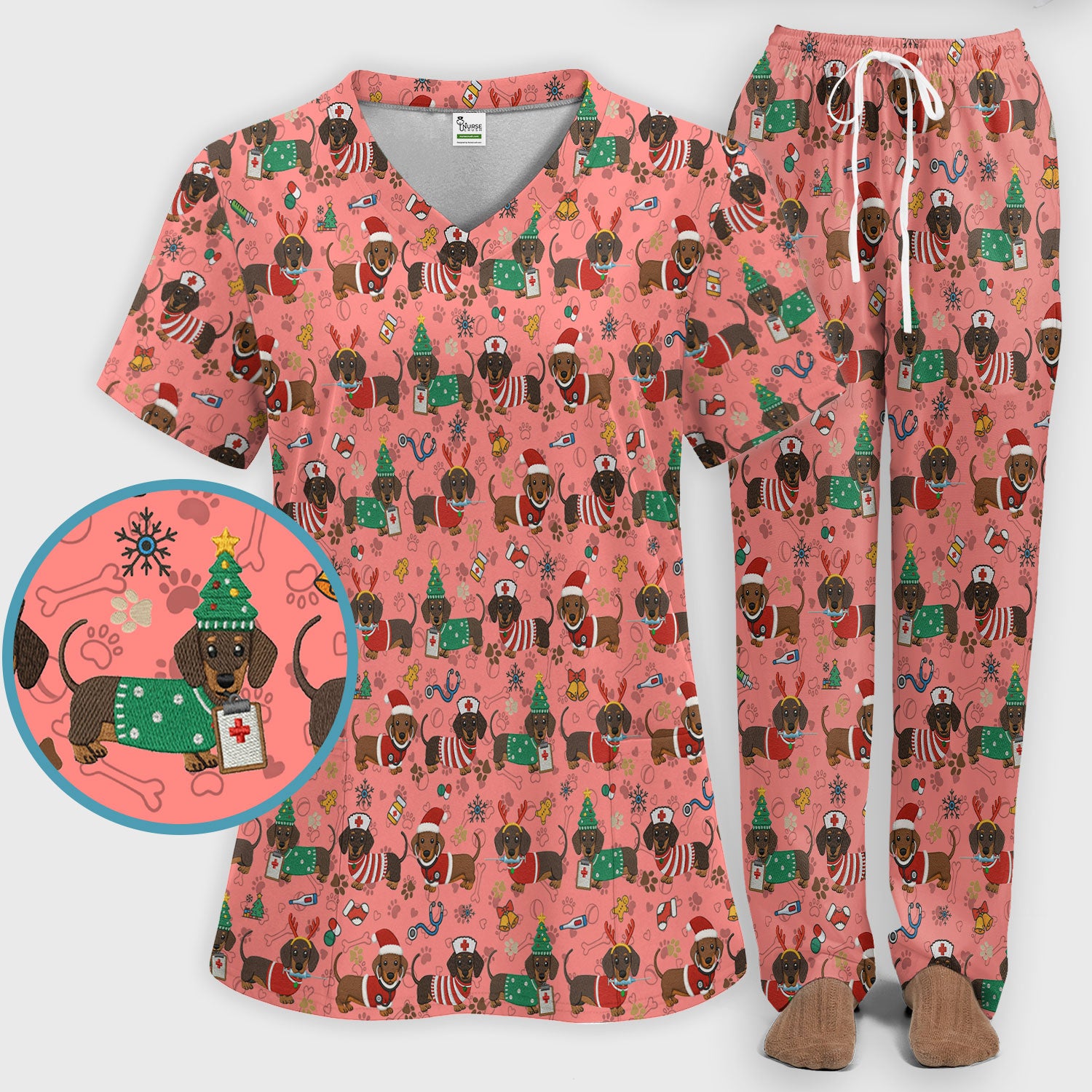 Christmas Wiener Dog Scrub Sets for Nurses - Cute Dachshund Scrubs Pants and V Neck Top - Fun Holiday Gift for Women RN CNA LPN