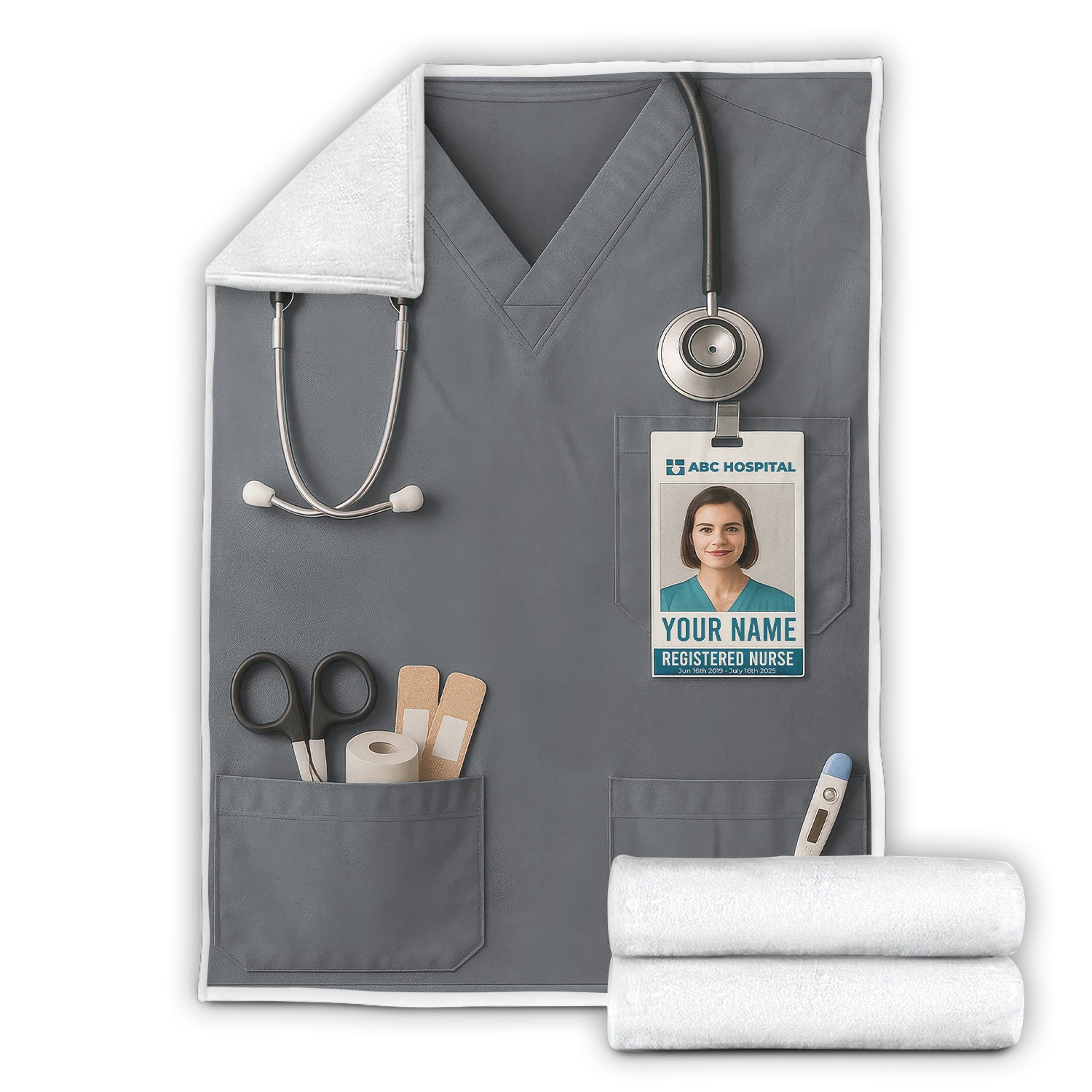 Personalized Nurse Blanket - Stethoscope & ID Badge Design - Custom Text & Photo Options for RN CNA LPN Healthcare Workers
