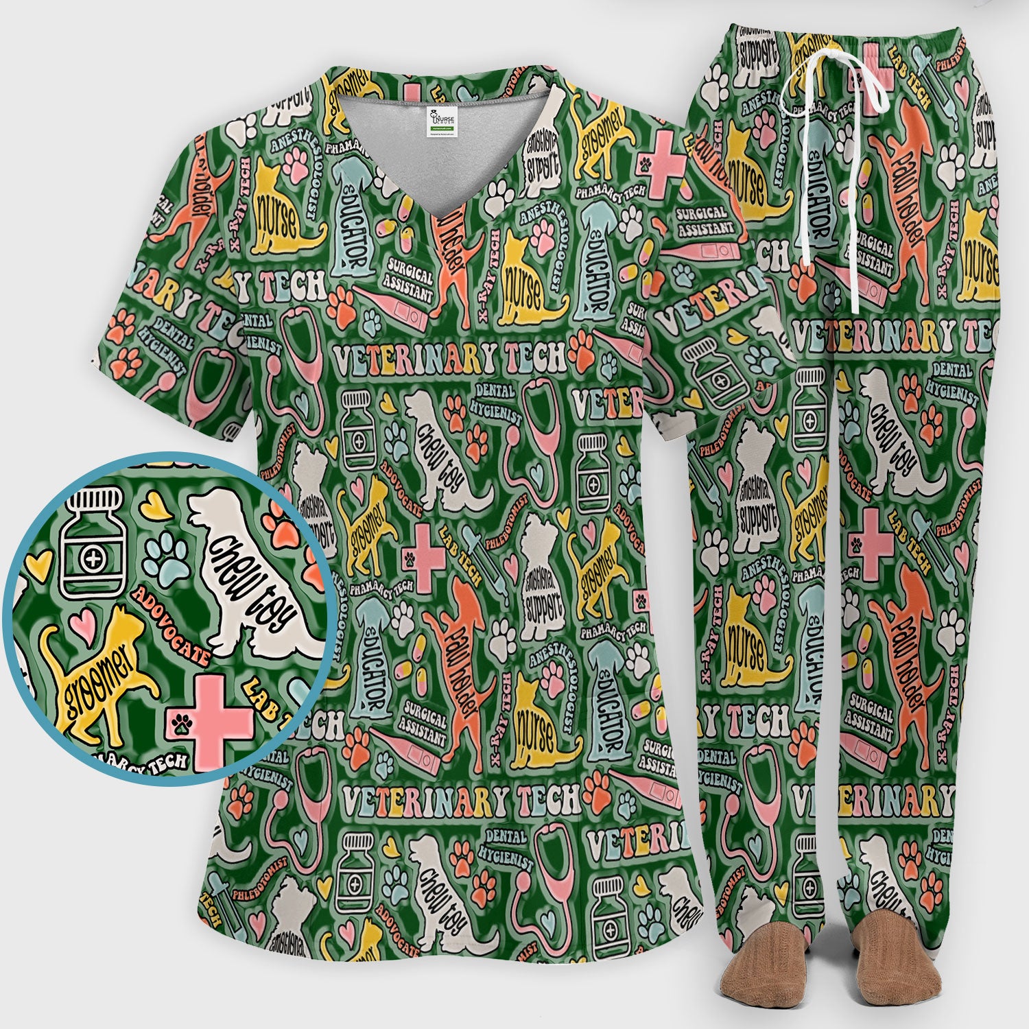 Veterinary Tech Nurse Scrub Set - Dog Cat Pet Scrubs Pants and V Neck Top - Funny Vet Tech Animal Scrubs for Women LPN RN CNA