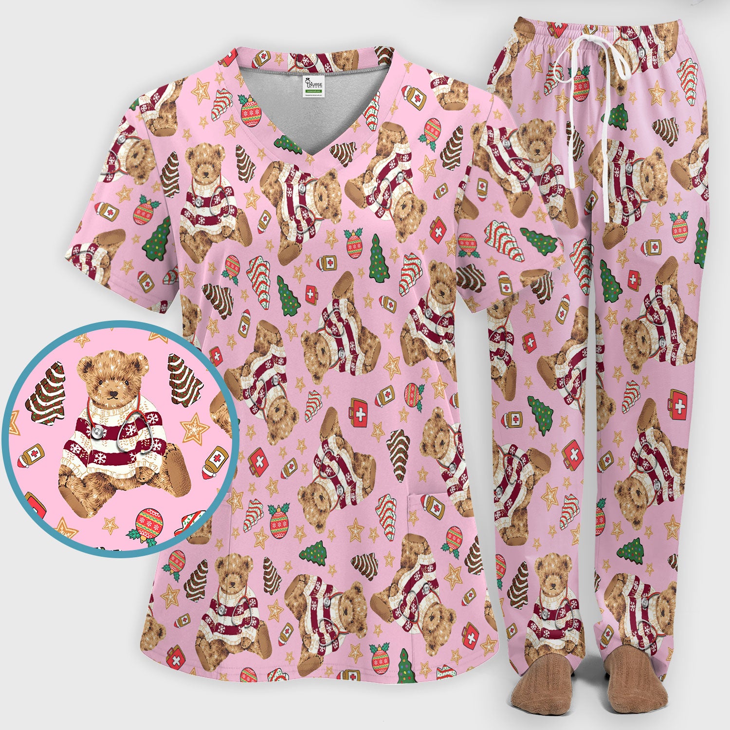 Christmas Teddy Bear Scrub Set for Nurses - Cozy Holiday Pattern with Cute Bear and Medical Icons Scrubs Pants and V Neck Top
