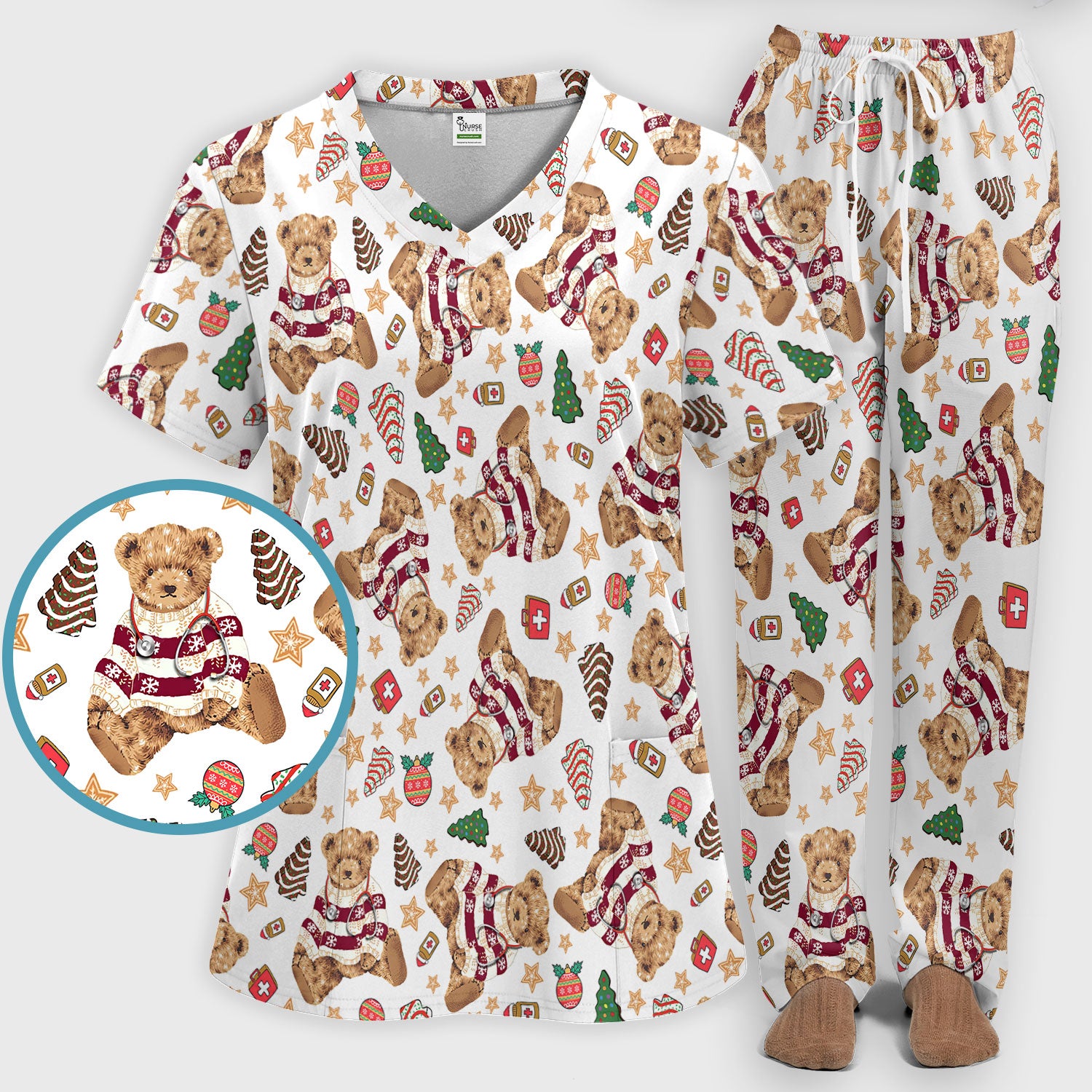 Christmas Teddy Bear Scrub Set for Nurses - Cozy Holiday Pattern with Cute Bear and Medical Icons Scrubs Pants and V Neck Top