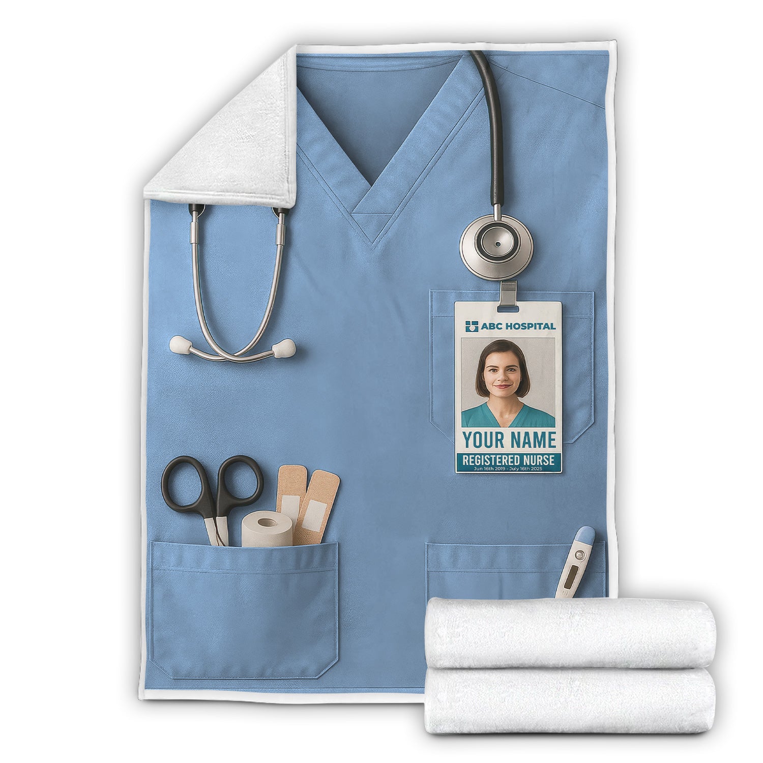 Personalized Nurse Blanket - Stethoscope & ID Badge Design - Custom Text & Photo Options for RN CNA LPN Healthcare Workers