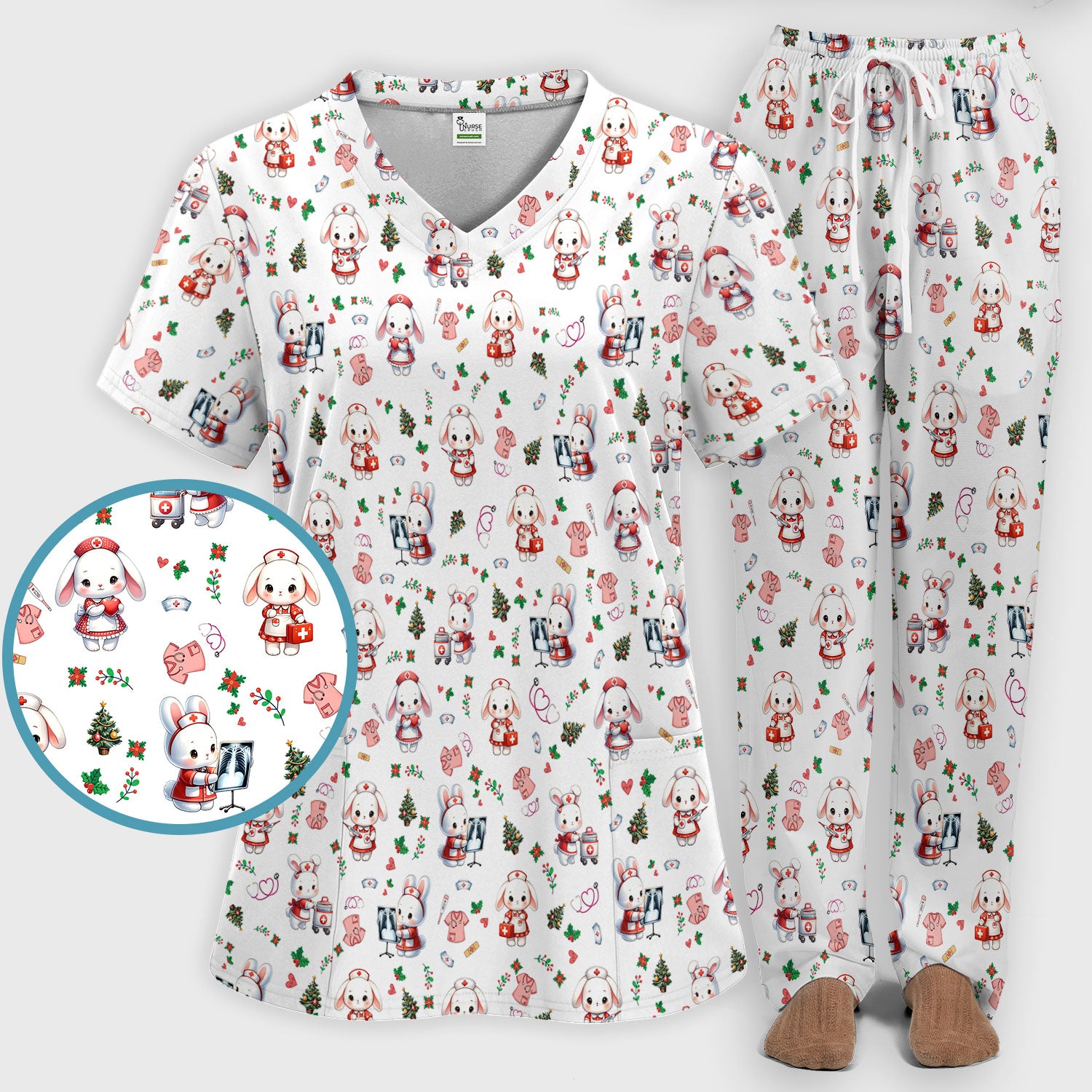 Comfortable Scrubs Sets for Nurses - Funny Bunny Scrub Pants and V Neck Top - Rabbit Christmas Med Uniform for Women