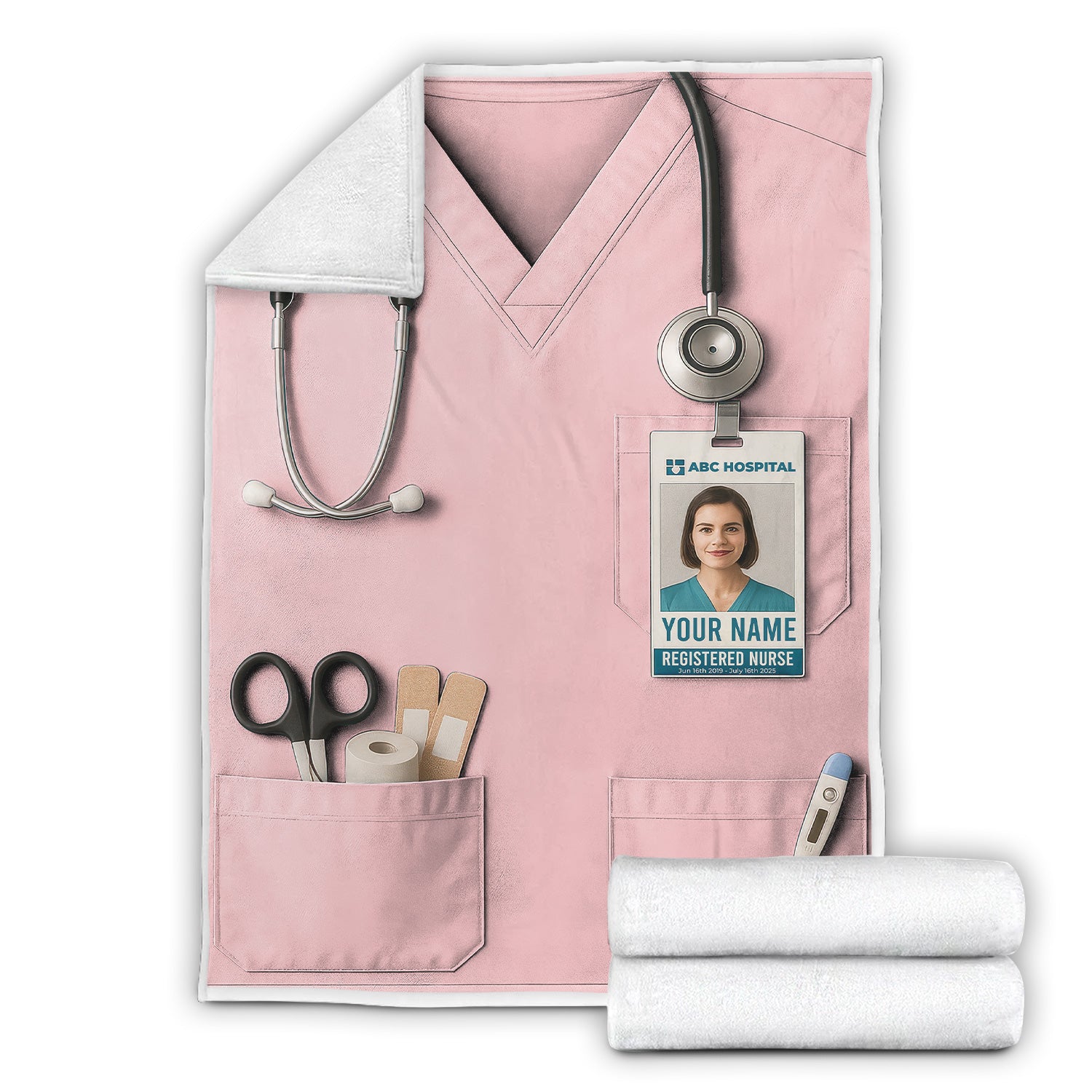 Personalized Nurse Blanket - Stethoscope & ID Badge Design - Custom Text & Photo Options for RN CNA LPN Healthcare Workers