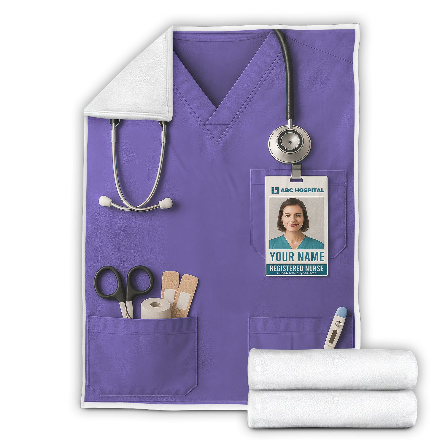 Personalized Nurse Blanket - Stethoscope & ID Badge Design - Custom Text & Photo Options for RN CNA LPN Healthcare Workers