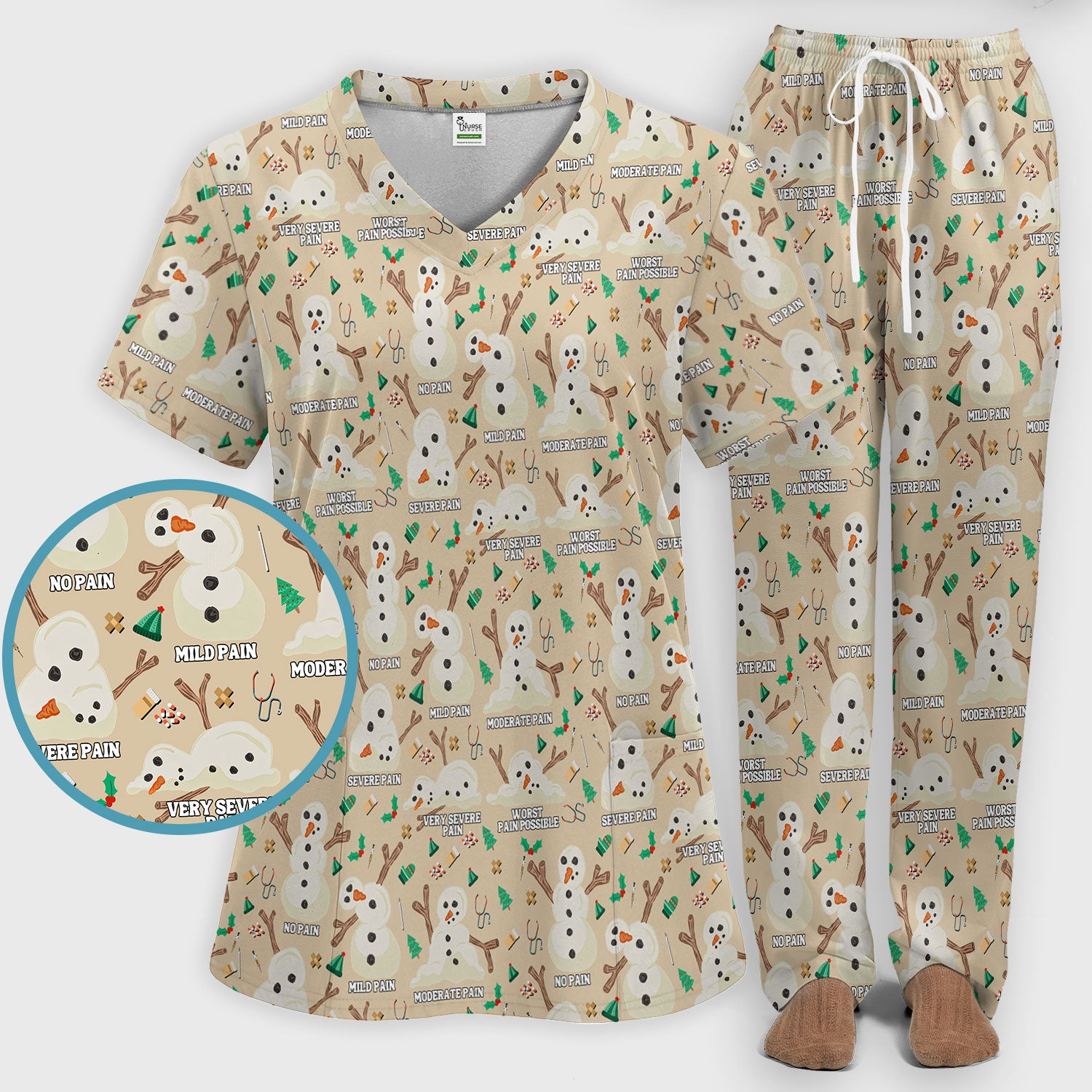 Christmas Snowman Nurse Scrub Set for Women - Funny Pain Scale Scrubs Pants - Cute Holiday Nursing Uniform Gift for RN LPN CNA