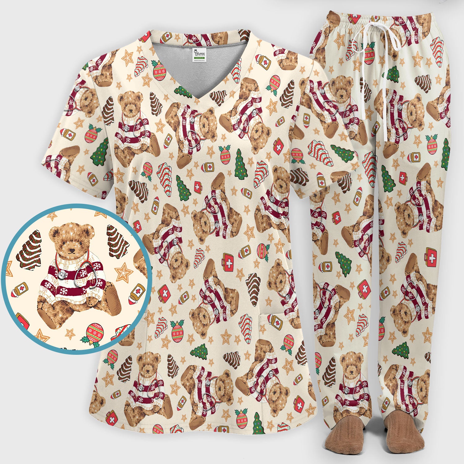 Christmas Teddy Bear Scrub Set for Nurses - Cozy Holiday Pattern with Cute Bear and Medical Icons Scrubs Pants and V Neck Top