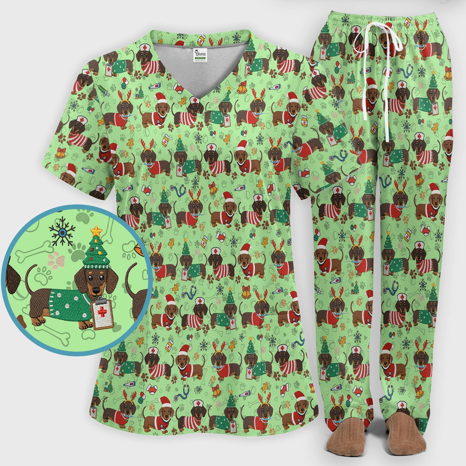 Christmas Wiener Dog Scrub Sets for Nurses - Cute Dachshund Scrubs Pants and V Neck Top - Fun Holiday Gift for Women RN CNA LPN