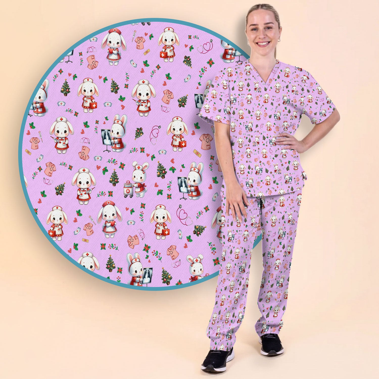 Comfortable Scrubs Sets for Nurses - Funny Bunny Scrub Pants and V Neck Top - Rabbit Christmas Med Uniform for Women