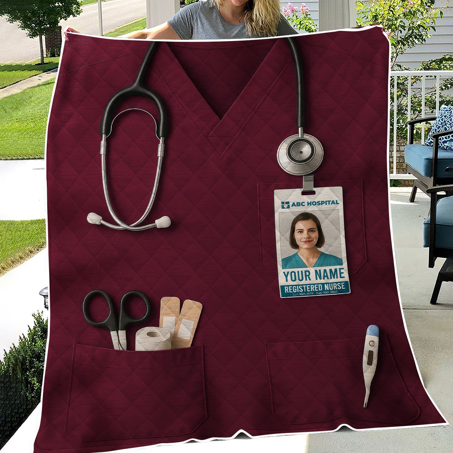 Personalized Nurse Blanket - Stethoscope & ID Badge Design - Custom Text & Photo Options for RN CNA LPN Healthcare Workers