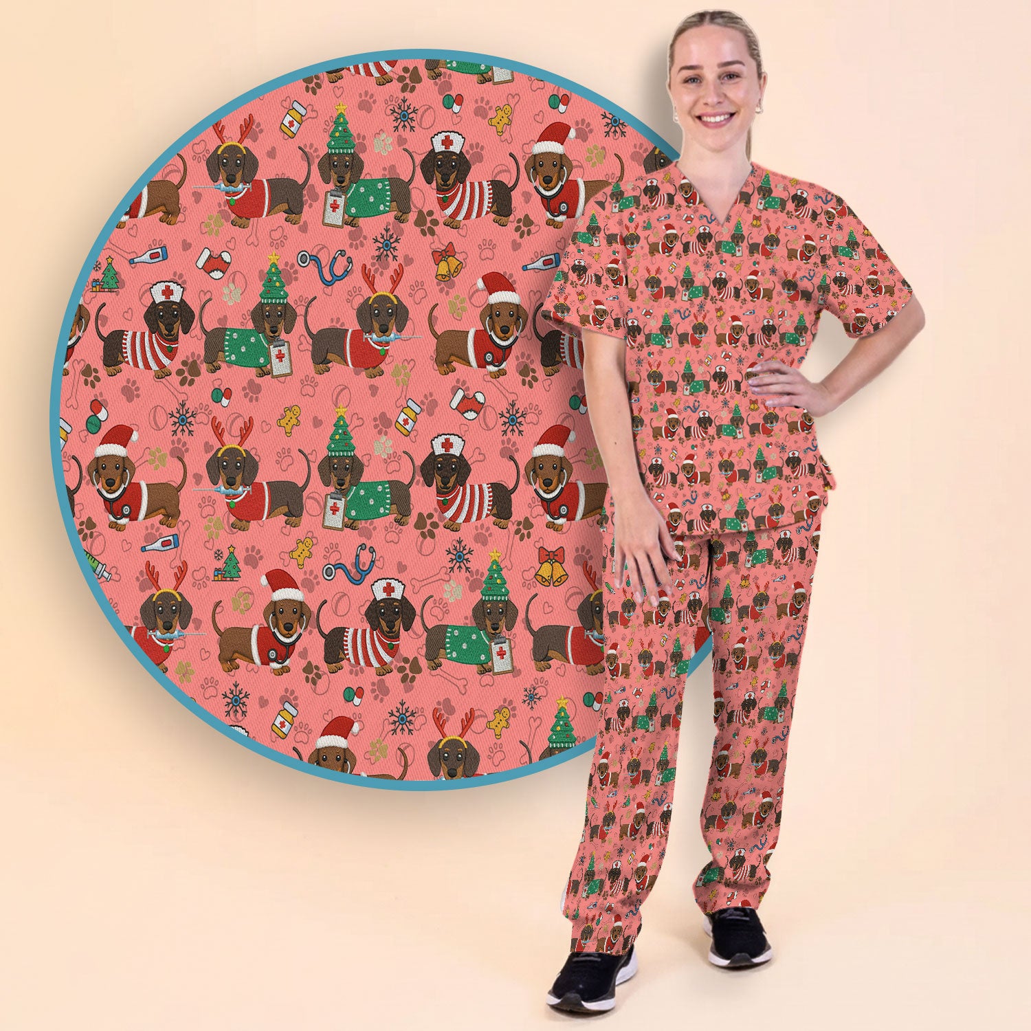 Christmas Wiener Dog Scrub Sets for Nurses - Cute Dachshund Scrubs Pants and V Neck Top - Fun Holiday Gift for Women RN CNA LPN