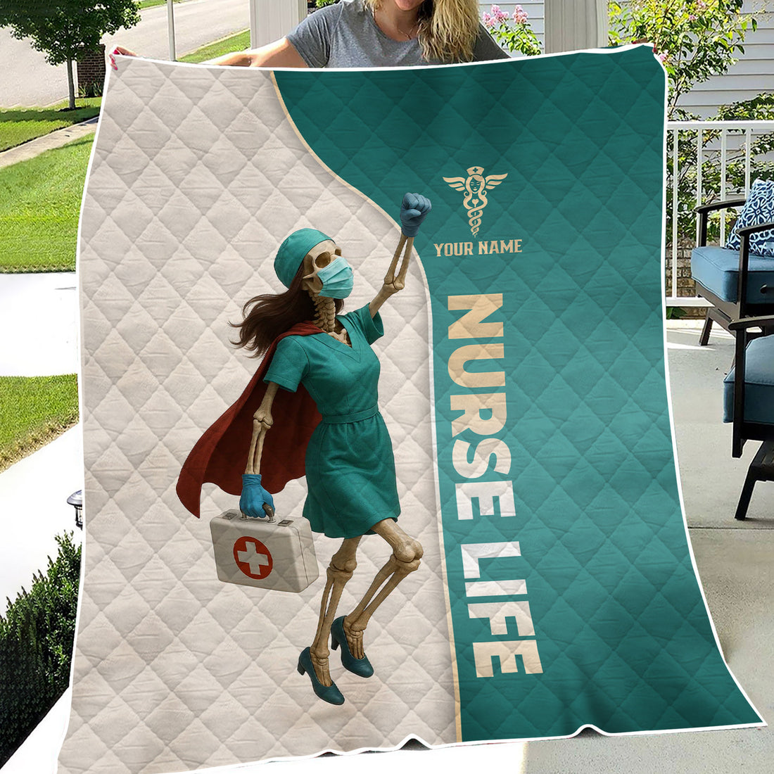 Personalized Superhero Nurse Blanket - Skeleton in Cape Holding Medical Bag - Nurse Life Gift for Healthcare Heroes