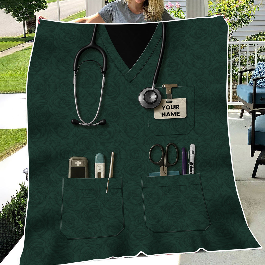 Green Scrub Nurse Throw Blanket - Medical Uniform Design with Pockets and Name - Gift for Female Nurses, CNA, LPN, RN