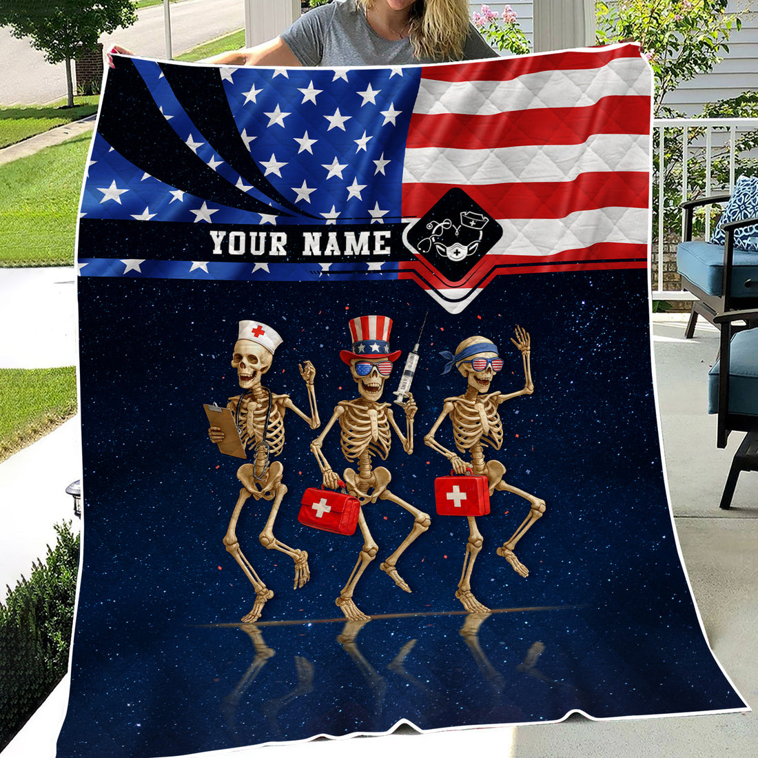 Nurse Life Skeleton Blanket - American Flag 4th of July Throw - Custom Gift for RN CNA LPN