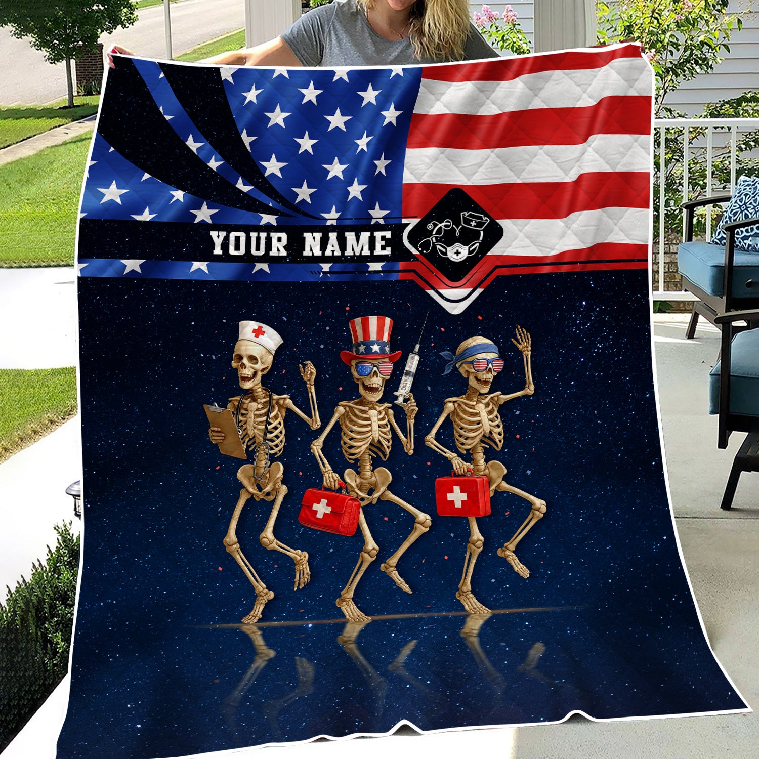 Nurse Life Skeleton Blanket - American Flag 4th of July Throw - Custom Gift for RN CNA LPN