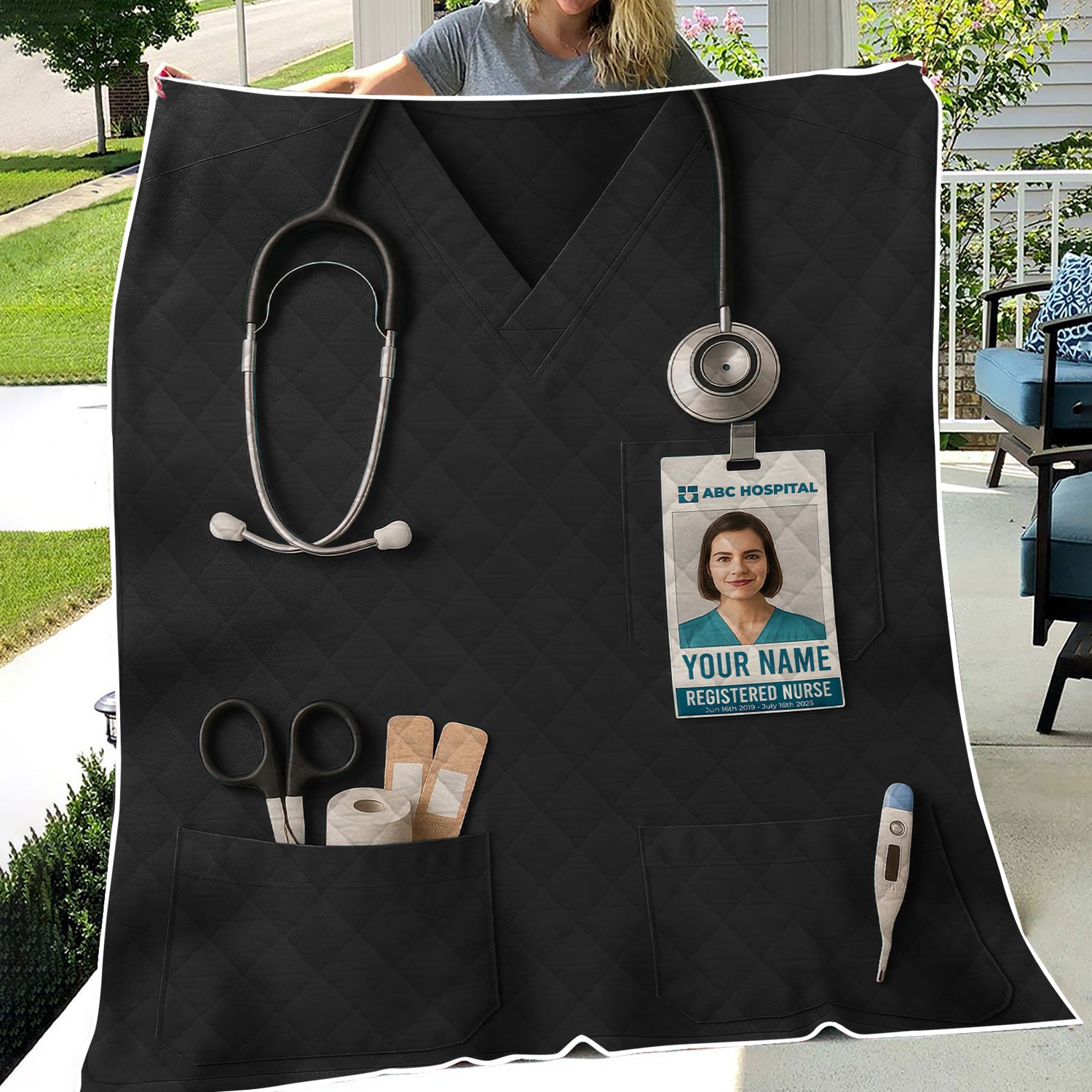 Personalized Nurse Blanket - Stethoscope & ID Badge Design - Custom Text & Photo Options for RN CNA LPN Healthcare Workers