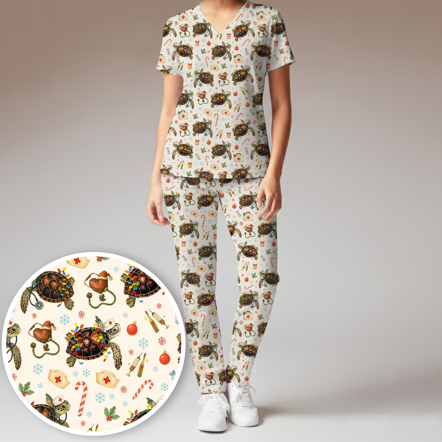 Christmas Turtle Scrub Set for Women - Cute Sea Turtle Nursing Pants and V Neck Top - Festive Holiday Gift for CNA LPN RN