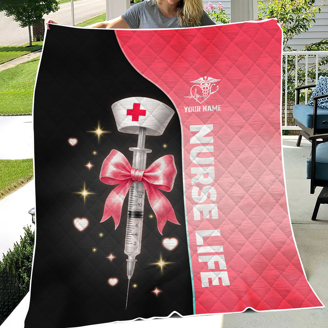 Personalized Nurse Life Blanket - Pink Syringe Bow & Nurse Hat Design - Cute RN LPN CNA Gift for Women