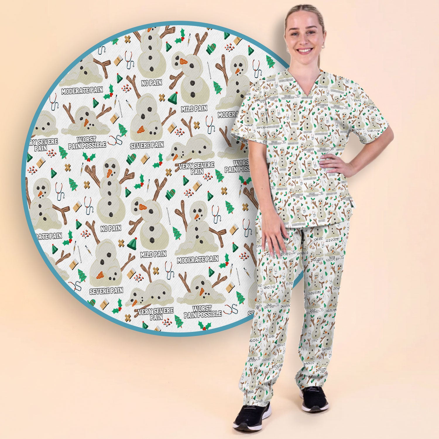 Christmas Snowman Nurse Scrub Set for Women - Funny Pain Scale Scrubs Pants - Cute Holiday Nursing Uniform Gift for RN LPN CNA