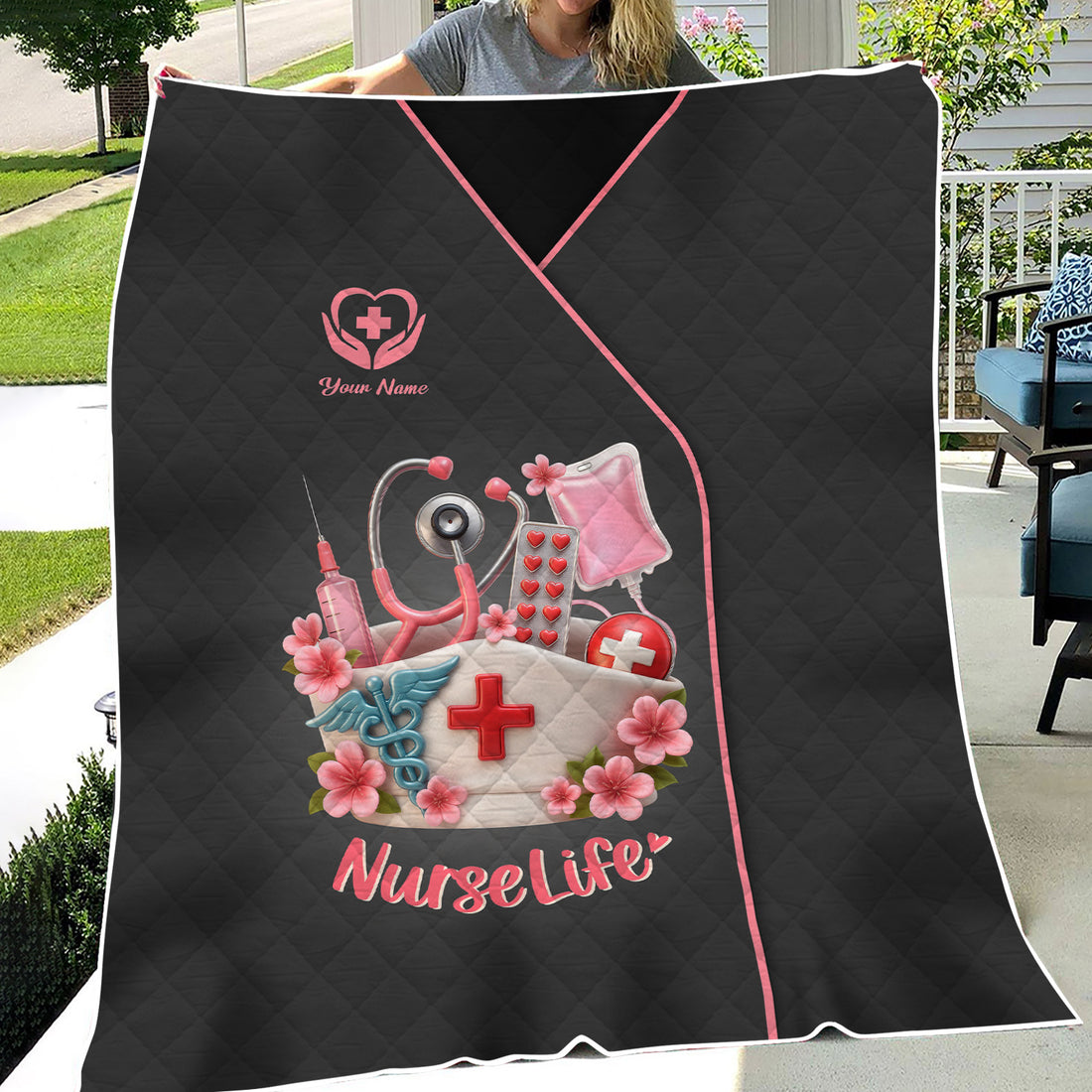 Custom Name Nurse Blanket - 3D Pink Stethoscope & Syringe Graphic - Gift for Female Nursing Students and Workers