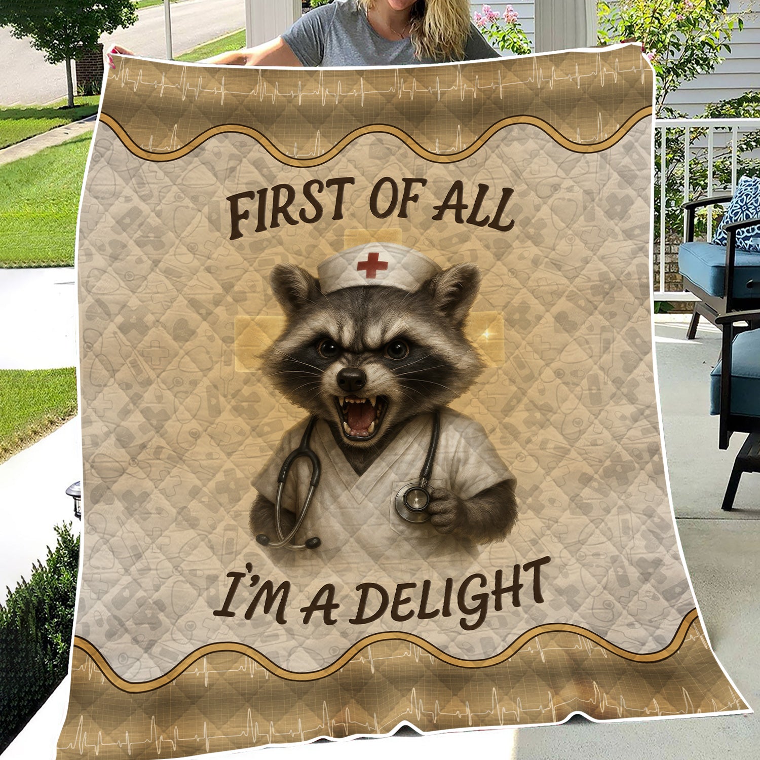 Personalized Funny Nurse Blanket - Gift for Women RN CNA LPN - Angry Raccoon Design 'First Of All I‰Ûªm A Delight' - Cozy Throw for Medical Staff