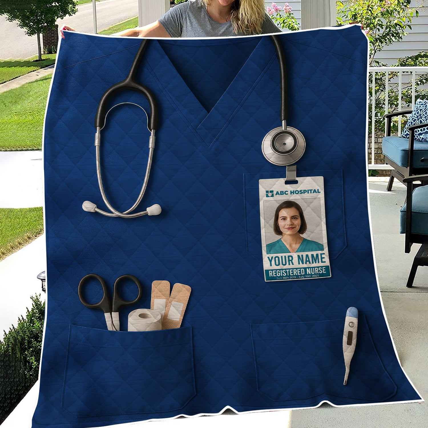 Personalized Nurse Blanket - Stethoscope & ID Badge Design - Custom Text & Photo Options for RN CNA LPN Healthcare Workers