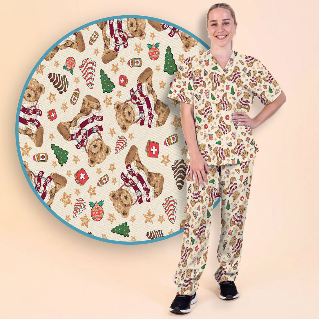 Christmas Teddy Bear Scrub Set for Nurses - Cozy Holiday Pattern with Cute Bear and Medical Icons Scrubs Pants and V Neck Top