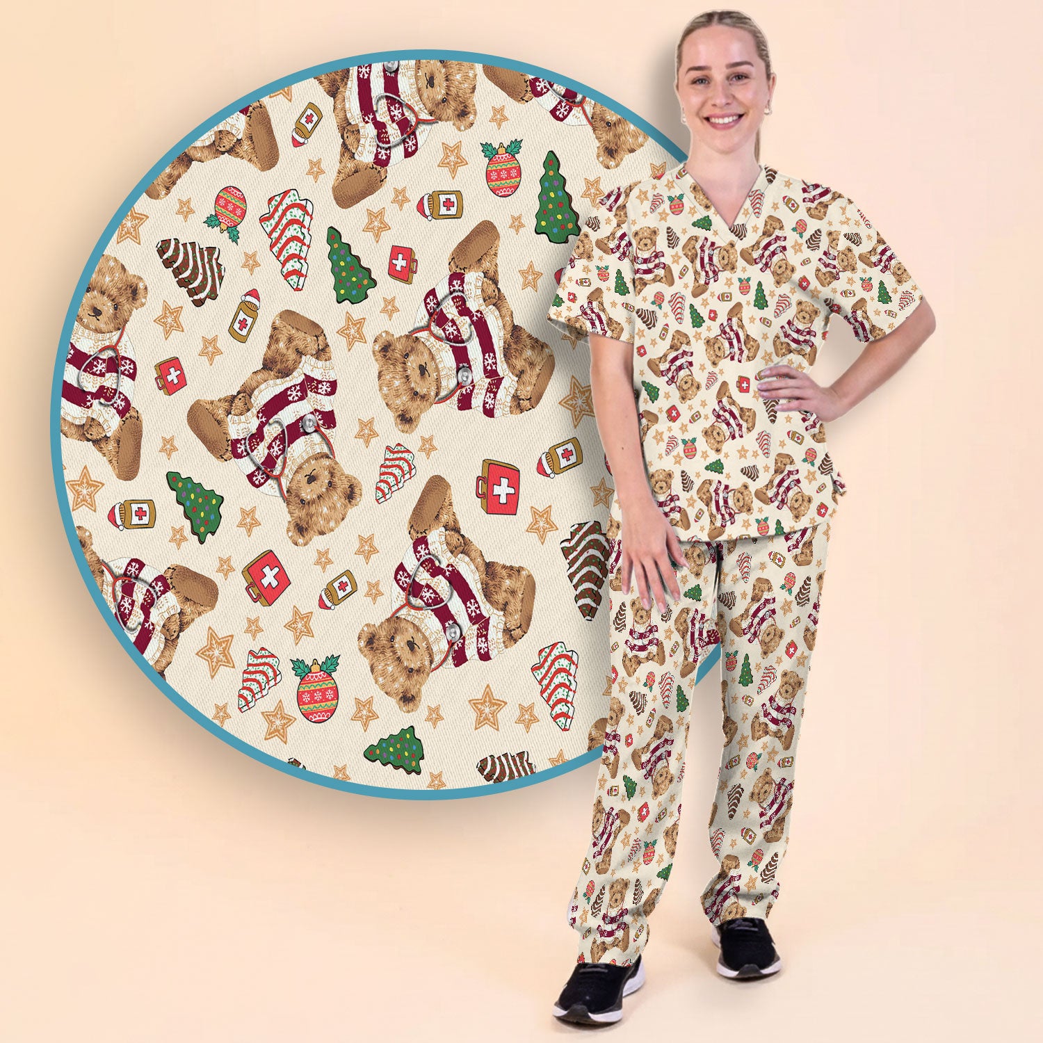 Christmas Teddy Bear Scrub Set for Nurses - Cozy Holiday Pattern with Cute Bear and Medical Icons Scrubs Pants and V Neck Top
