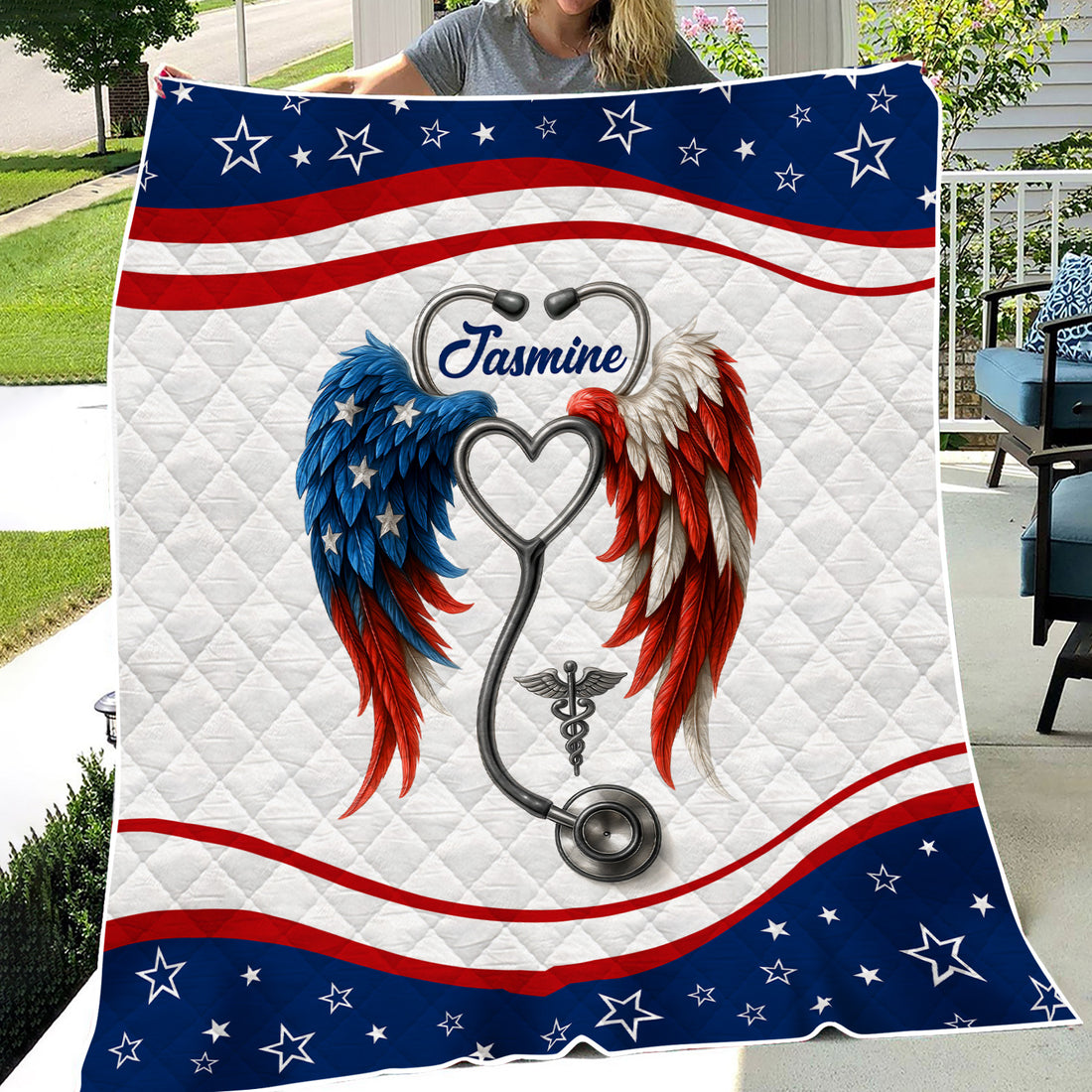 Nurse Angel Wings Blanket - Personalized Name & USA Flag Feathers - Soft Gift for RN LPN CNA Appreciation