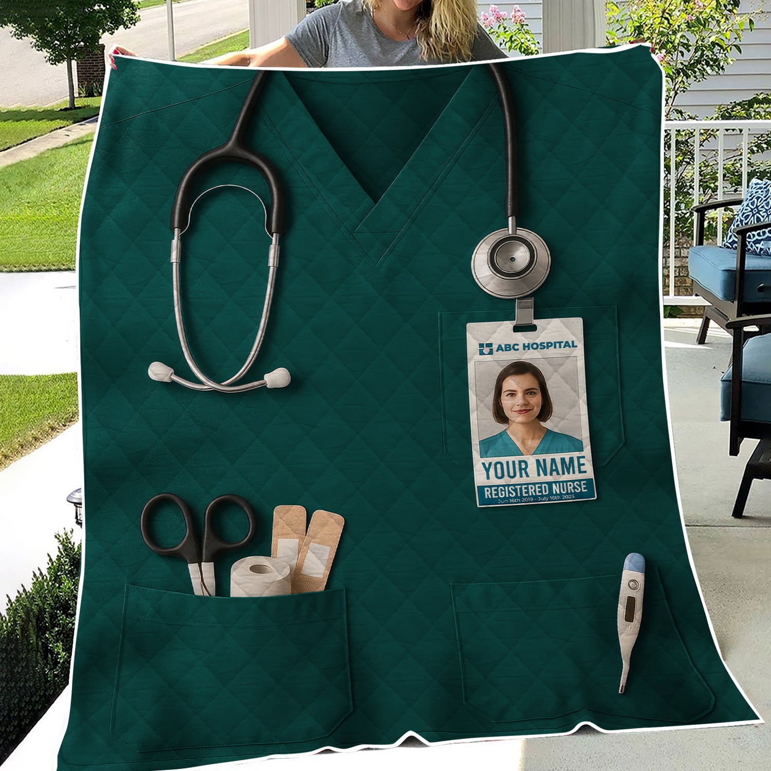 Personalized Nurse Blanket - Stethoscope & ID Badge Design - Custom Text & Photo Options for RN CNA LPN Healthcare Workers
