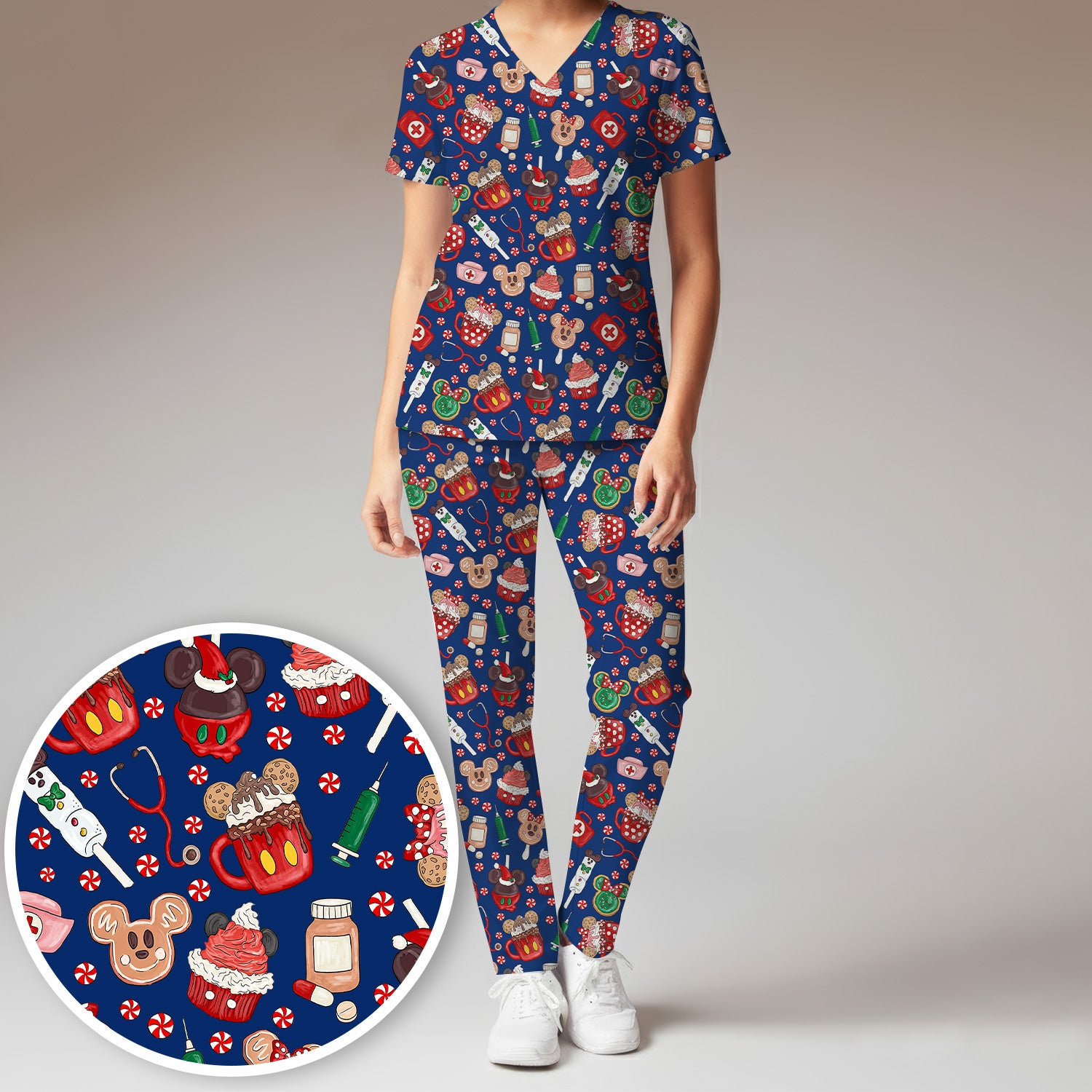 Gingerbread Christmas Scrub Set - Funny Cookies Candy Cupcake Pants and V Neck Top - Holiday Med Uniform RN CNA LPN
