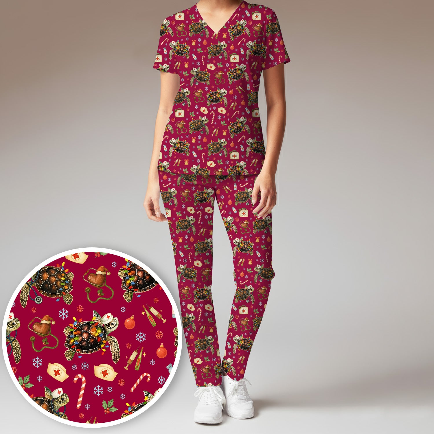 Christmas Turtle Scrub Set for Women - Cute Sea Turtle Nursing Pants and V Neck Top - Festive Holiday Gift for CNA LPN RN