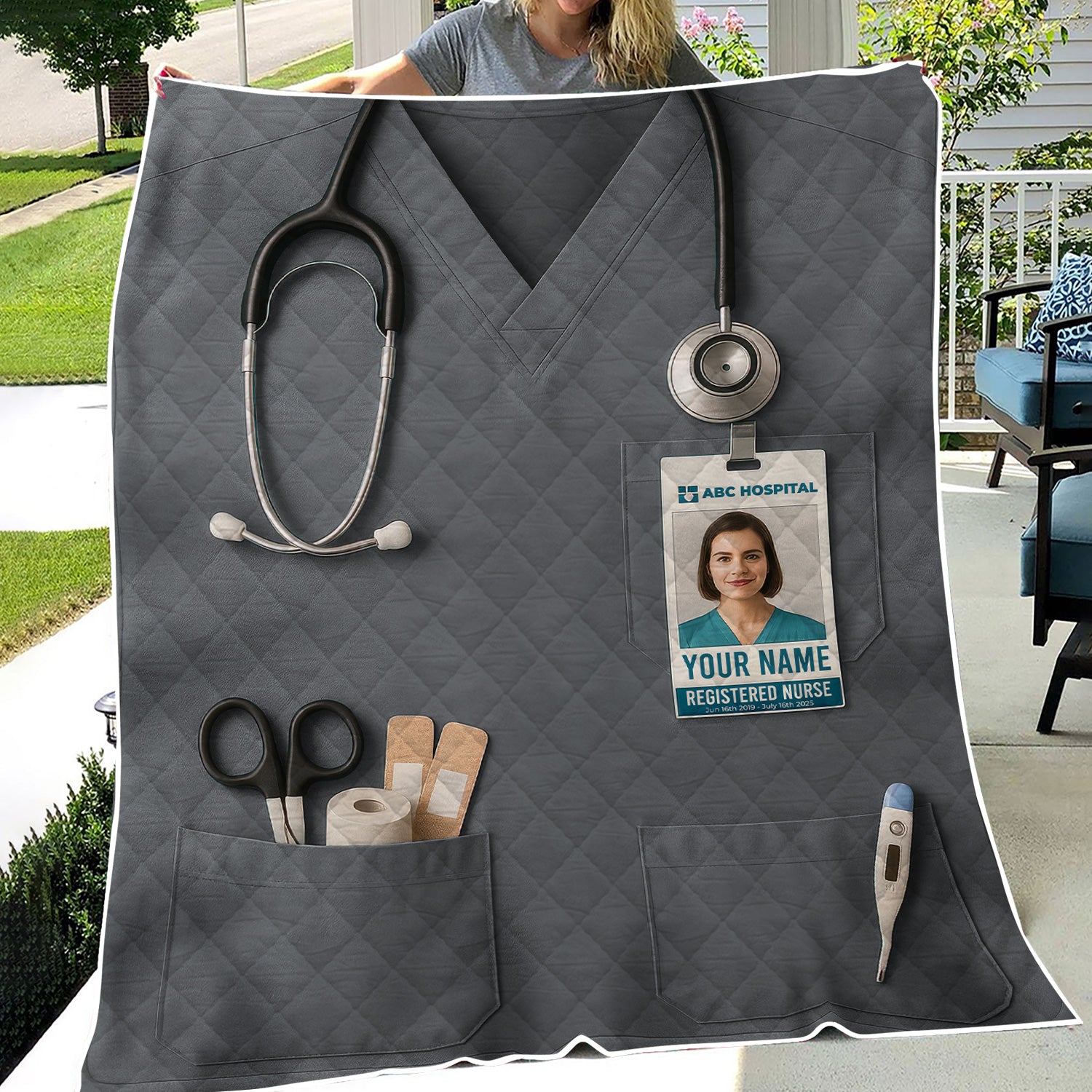 Personalized Nurse Blanket - Stethoscope & ID Badge Design - Custom Text & Photo Options for RN CNA LPN Healthcare Workers