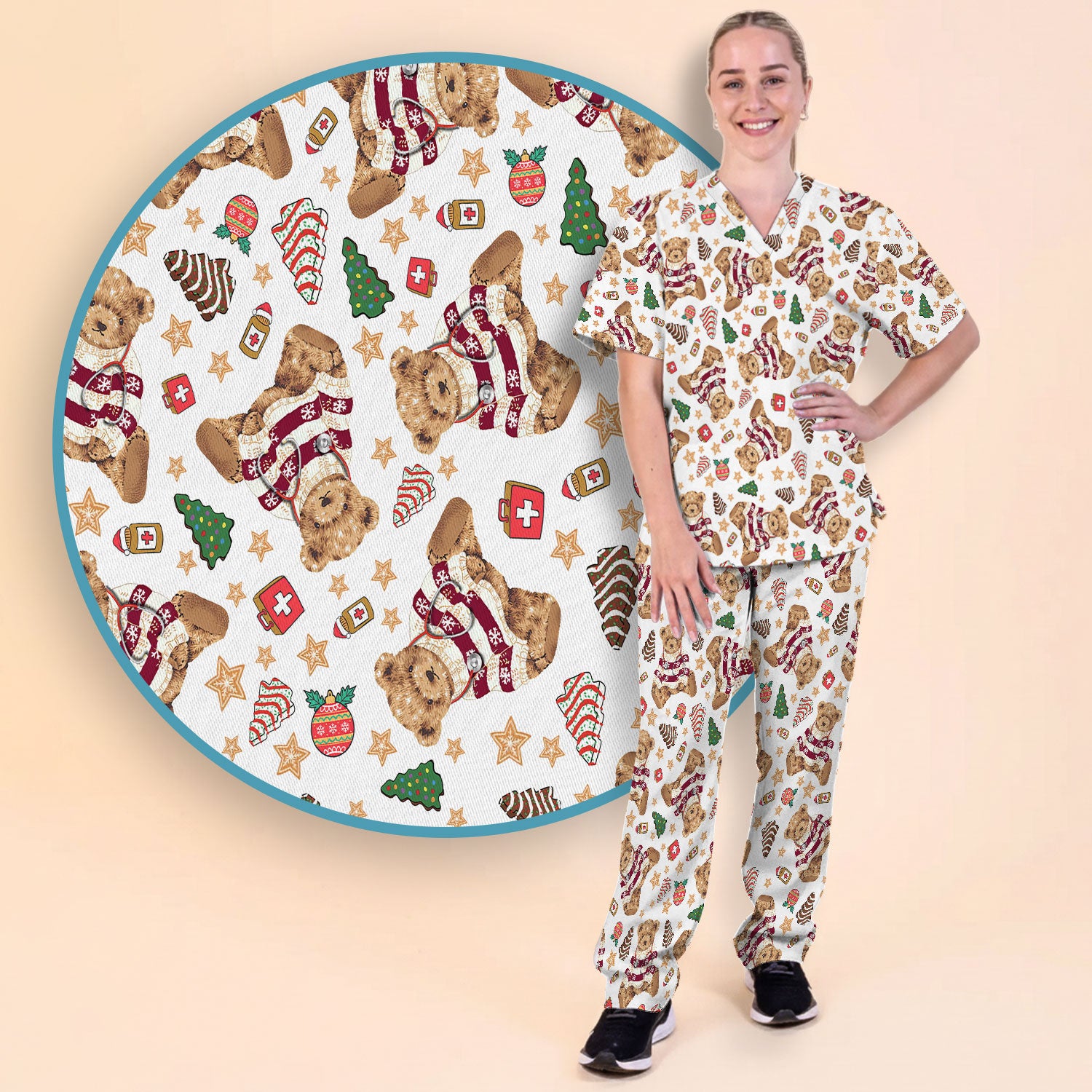 Christmas Teddy Bear Scrub Set for Nurses - Cozy Holiday Pattern with Cute Bear and Medical Icons Scrubs Pants and V Neck Top