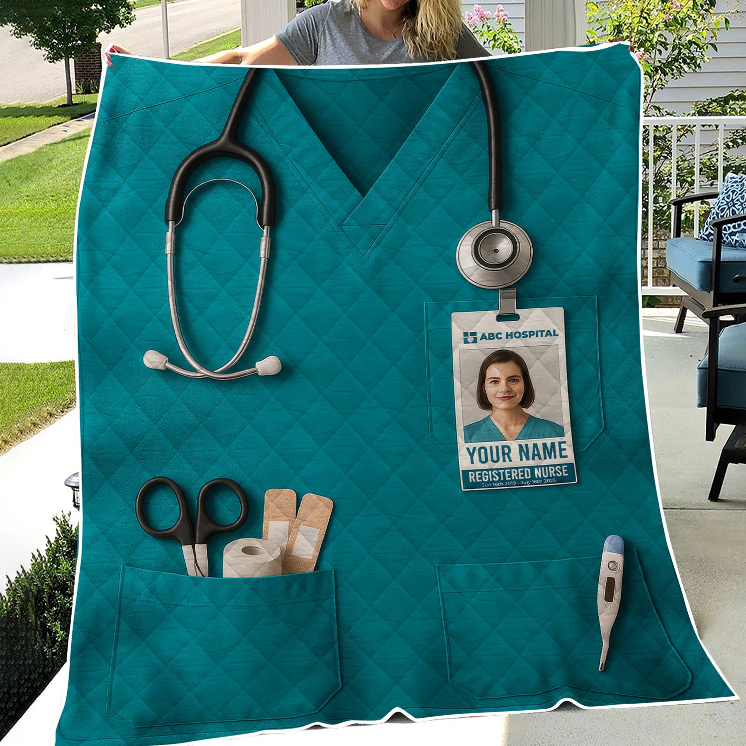 Personalized Nurse Blanket - Stethoscope & ID Badge Design - Custom Text & Photo Options for RN CNA LPN Healthcare Workers
