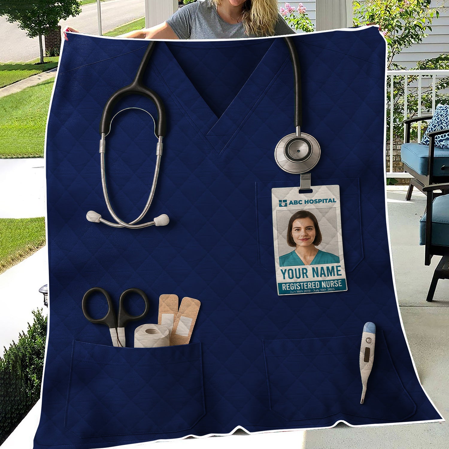 Personalized Nurse Blanket - Stethoscope & ID Badge Design - Custom Text & Photo Options for RN CNA LPN Healthcare Workers