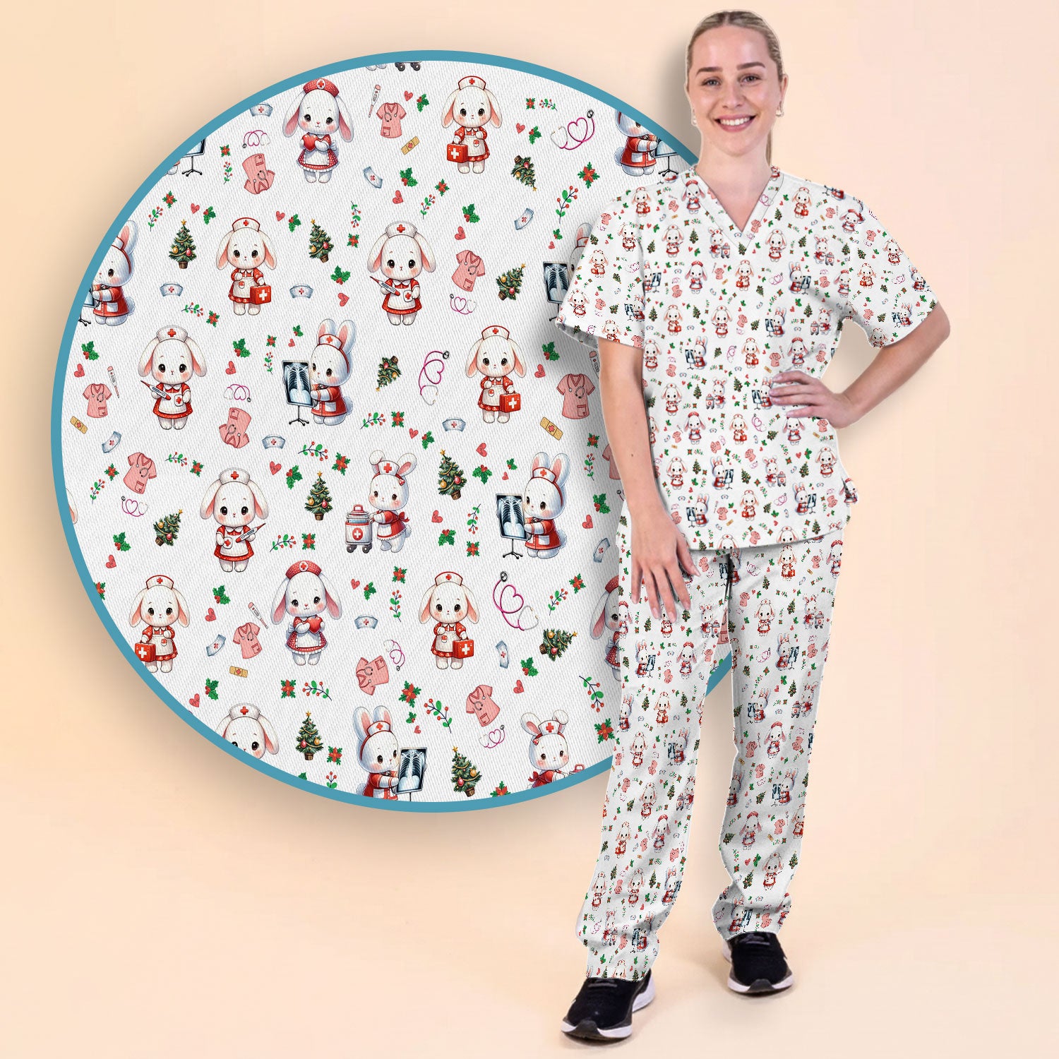 Comfortable Scrubs Sets for Nurses - Funny Bunny Scrub Pants and V Neck Top - Rabbit Christmas Med Uniform for Women