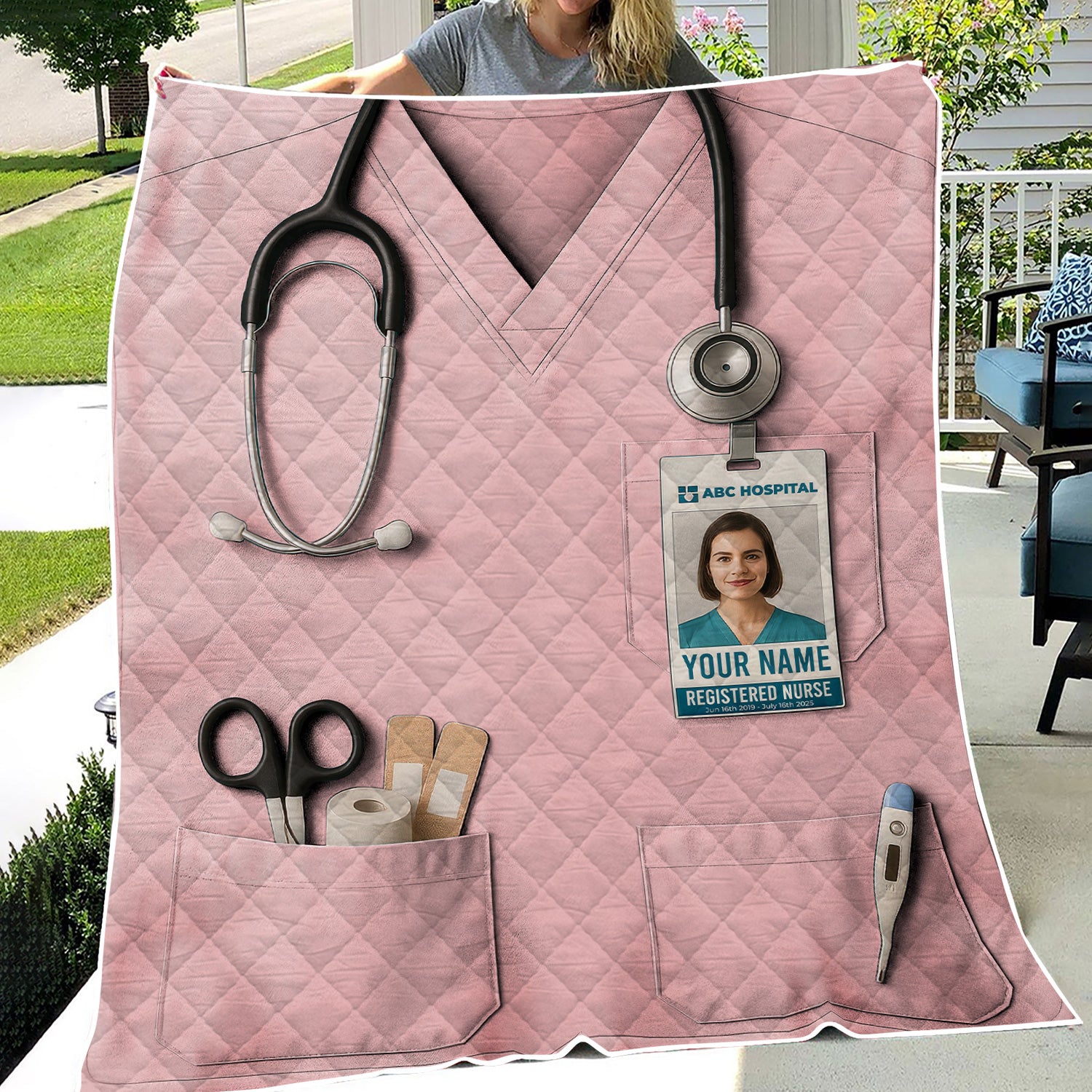 Personalized Nurse Blanket - Stethoscope & ID Badge Design - Custom Text & Photo Options for RN CNA LPN Healthcare Workers
