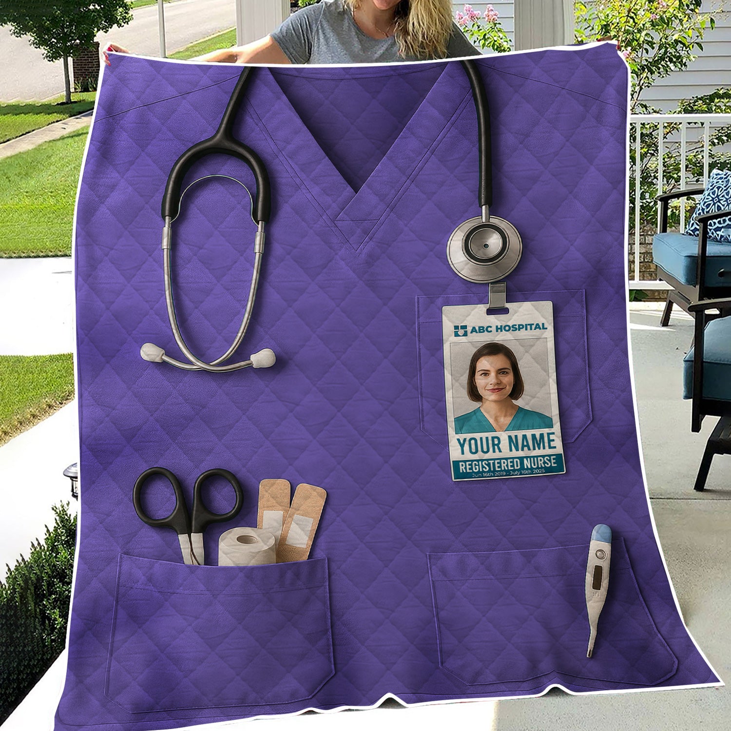 Personalized Nurse Blanket - Stethoscope & ID Badge Design - Custom Text & Photo Options for RN CNA LPN Healthcare Workers