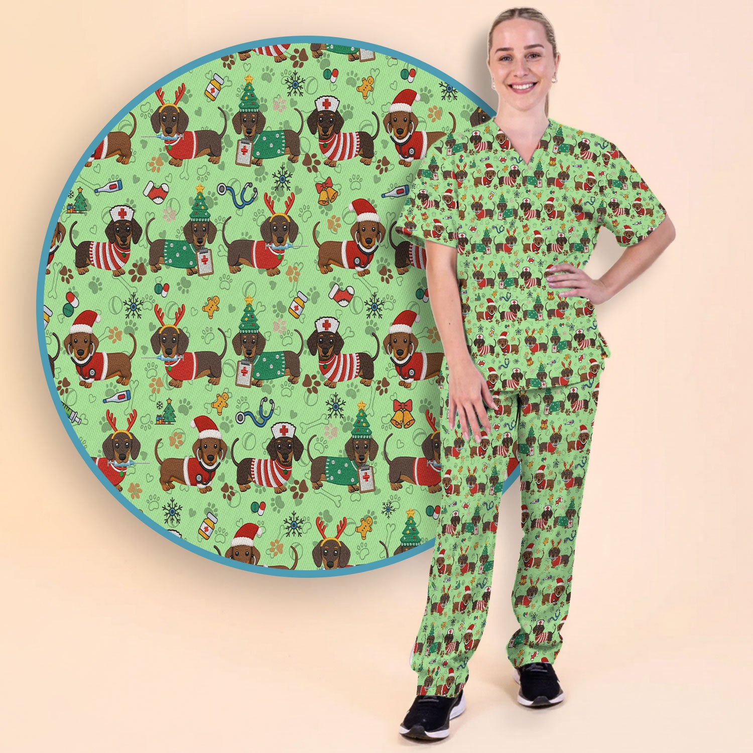 Christmas Wiener Dog Scrub Sets for Nurses - Cute Dachshund Scrubs Pants and V Neck Top - Fun Holiday Gift for Women RN CNA LPN