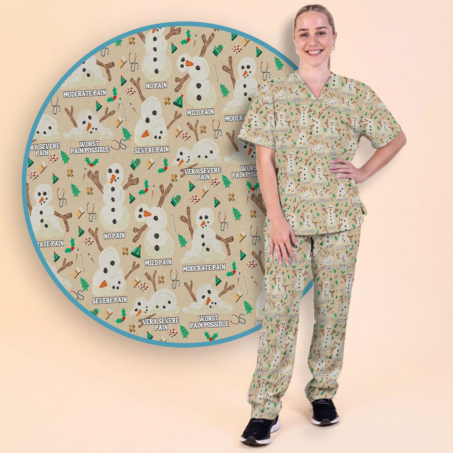 Christmas Snowman Nurse Scrub Set for Women - Funny Pain Scale Scrubs Pants - Cute Holiday Nursing Uniform Gift for RN LPN CNA