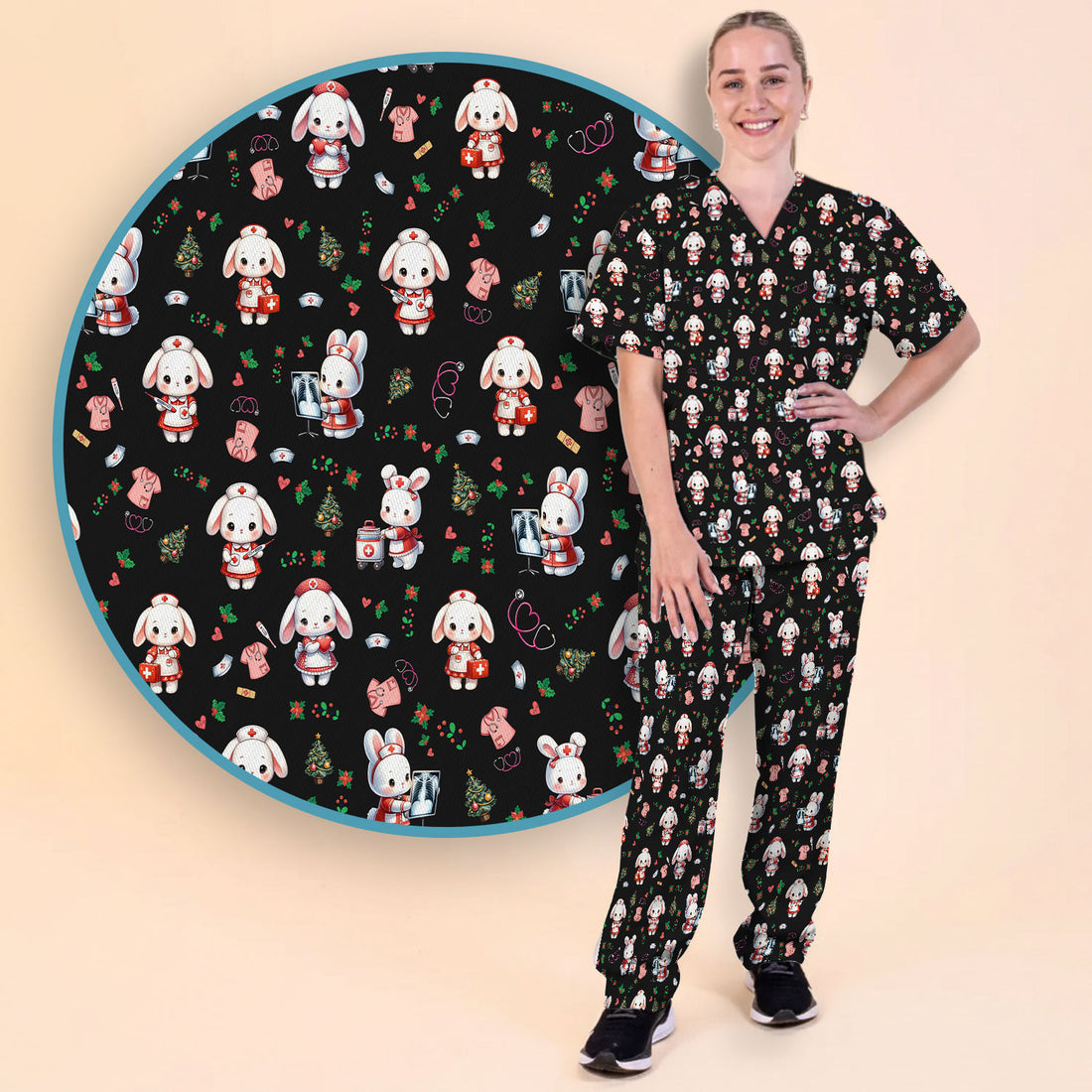 Comfortable Scrubs Sets for Nurses - Funny Bunny Scrub Pants and V Neck Top - Rabbit Christmas Med Uniform for Women